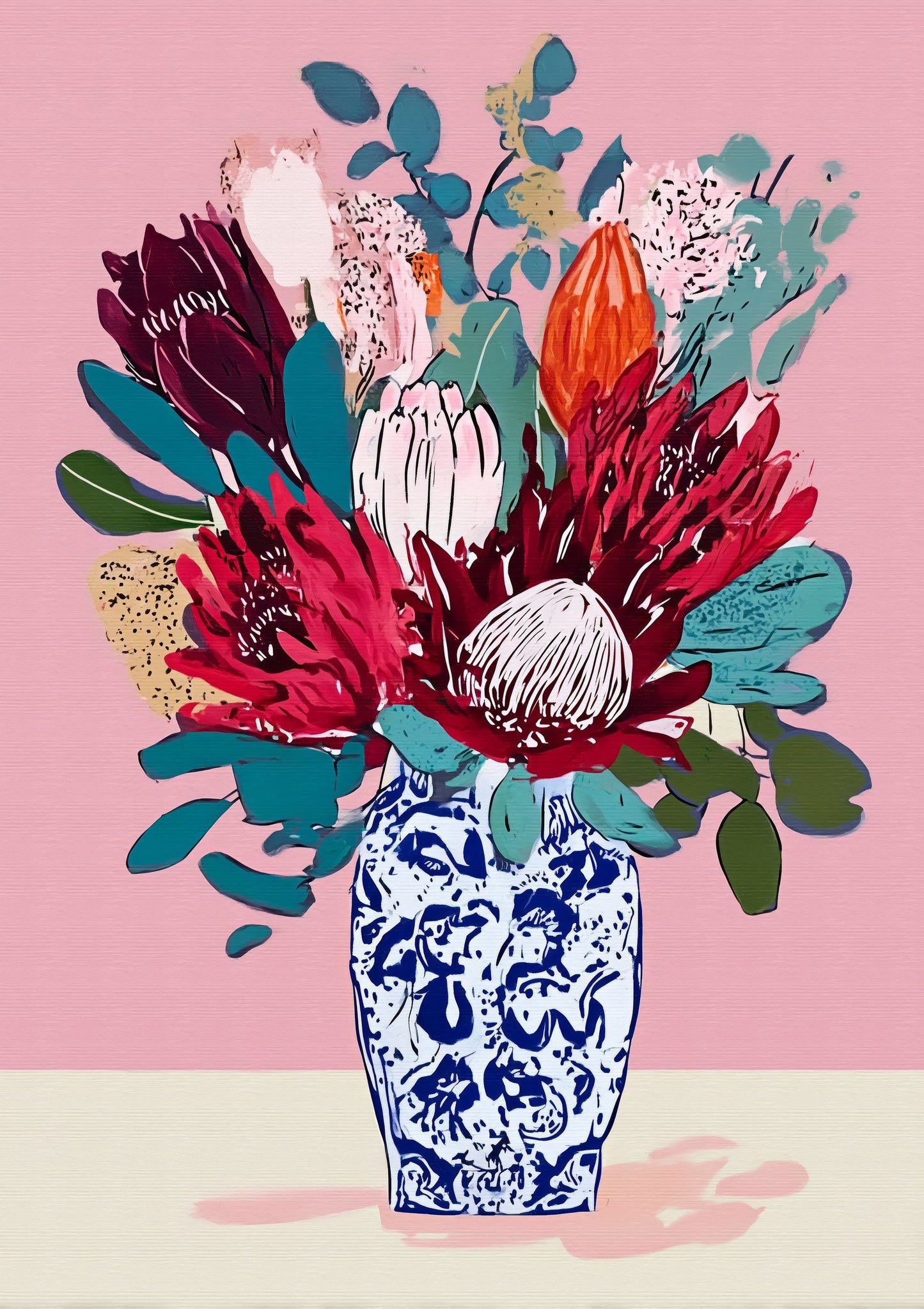 Protea Bouquet Print, Folk Floral Wall Art