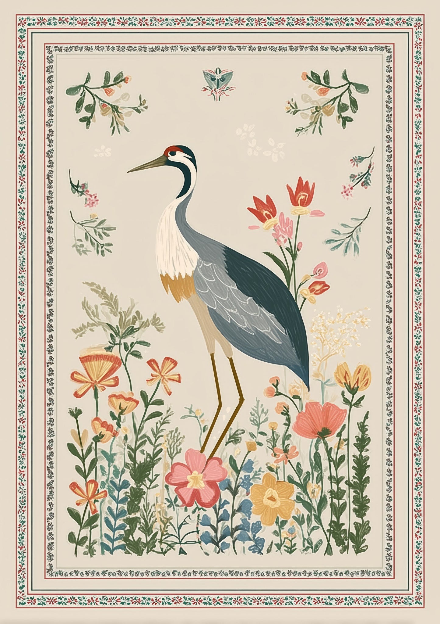 Heron Print, Folk Botanical Wall Art