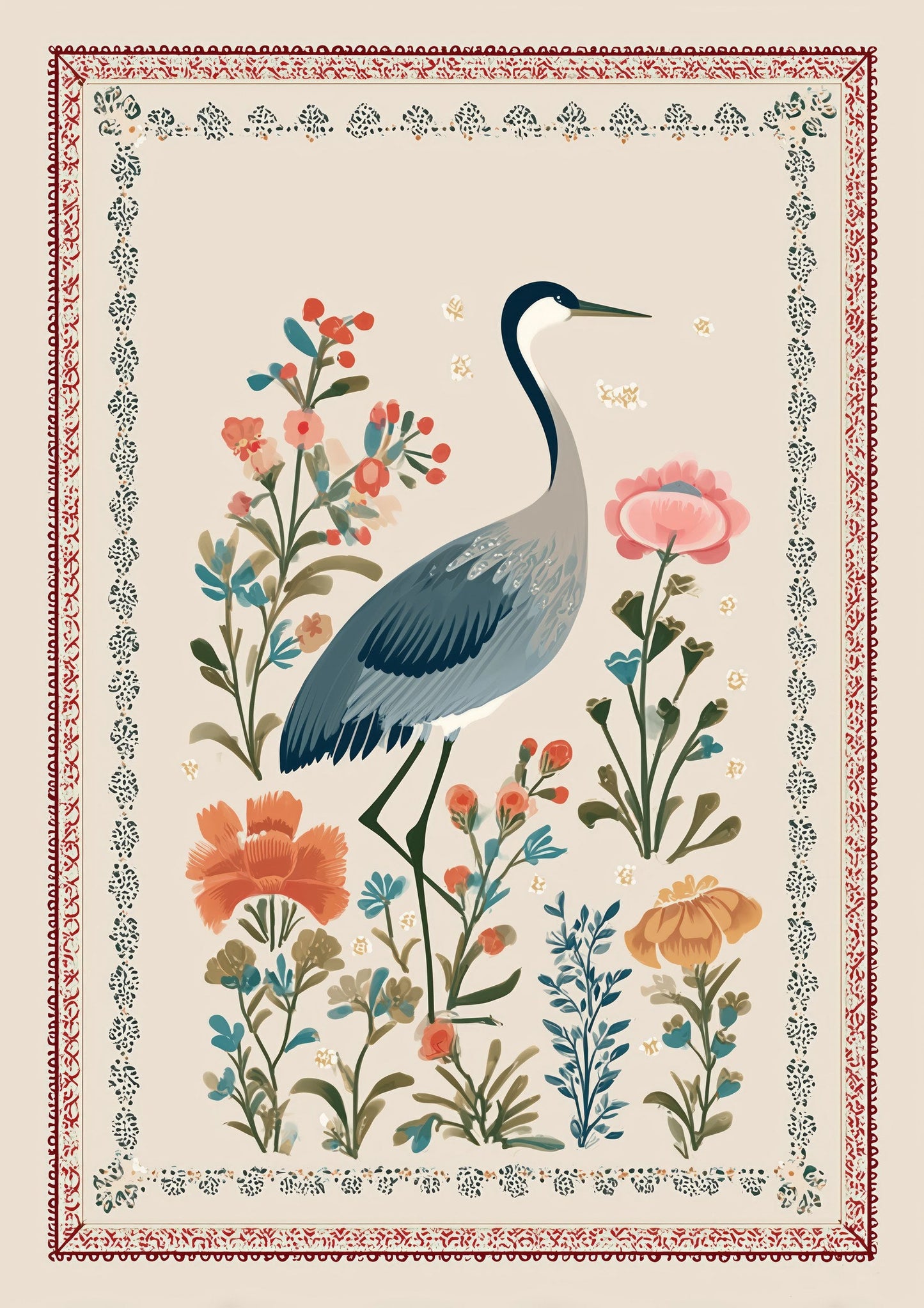 Crane Print, Folk Botanical Wall Art