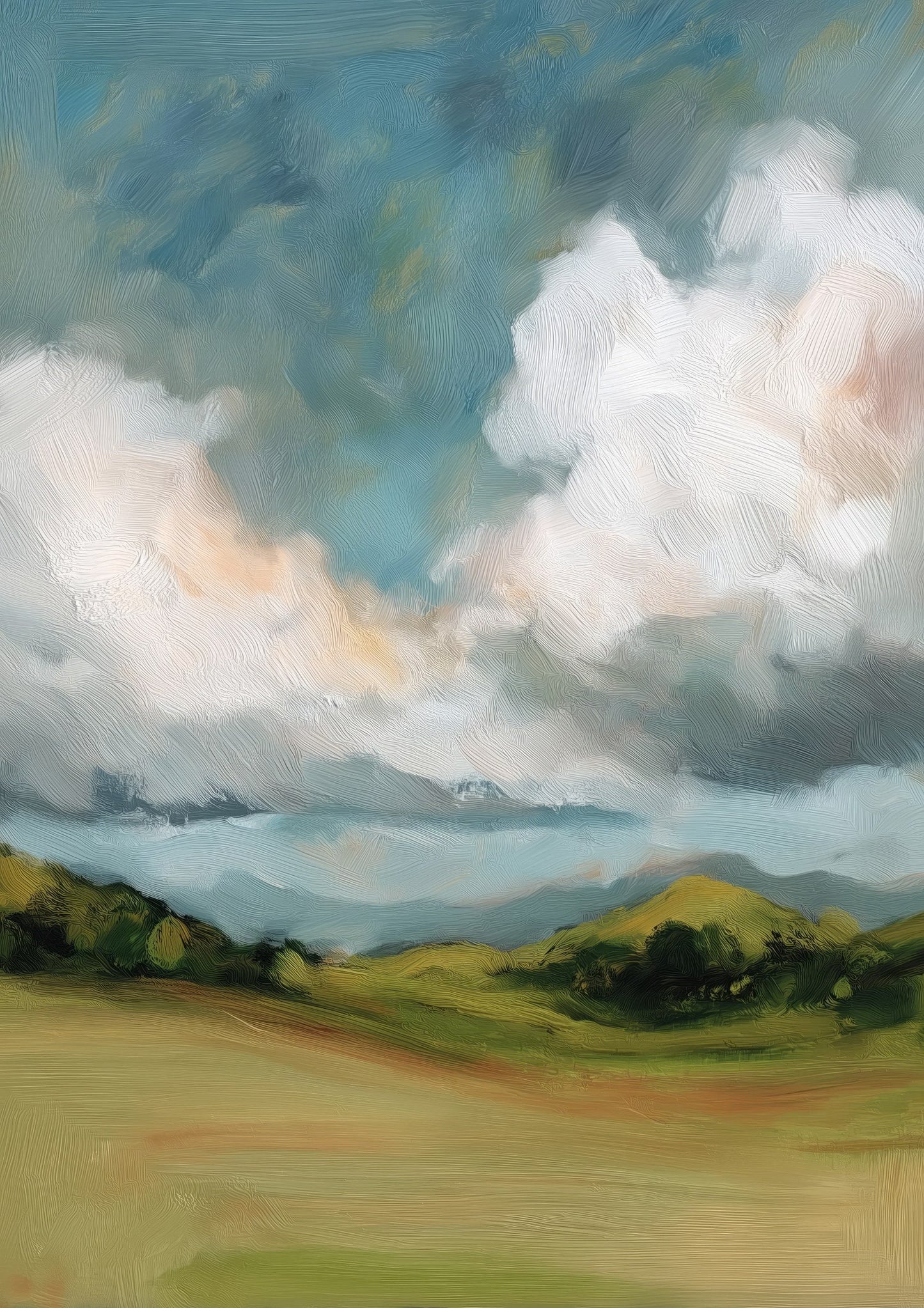 Cloudy Meadow Print, Painterly Landscape Wall Art