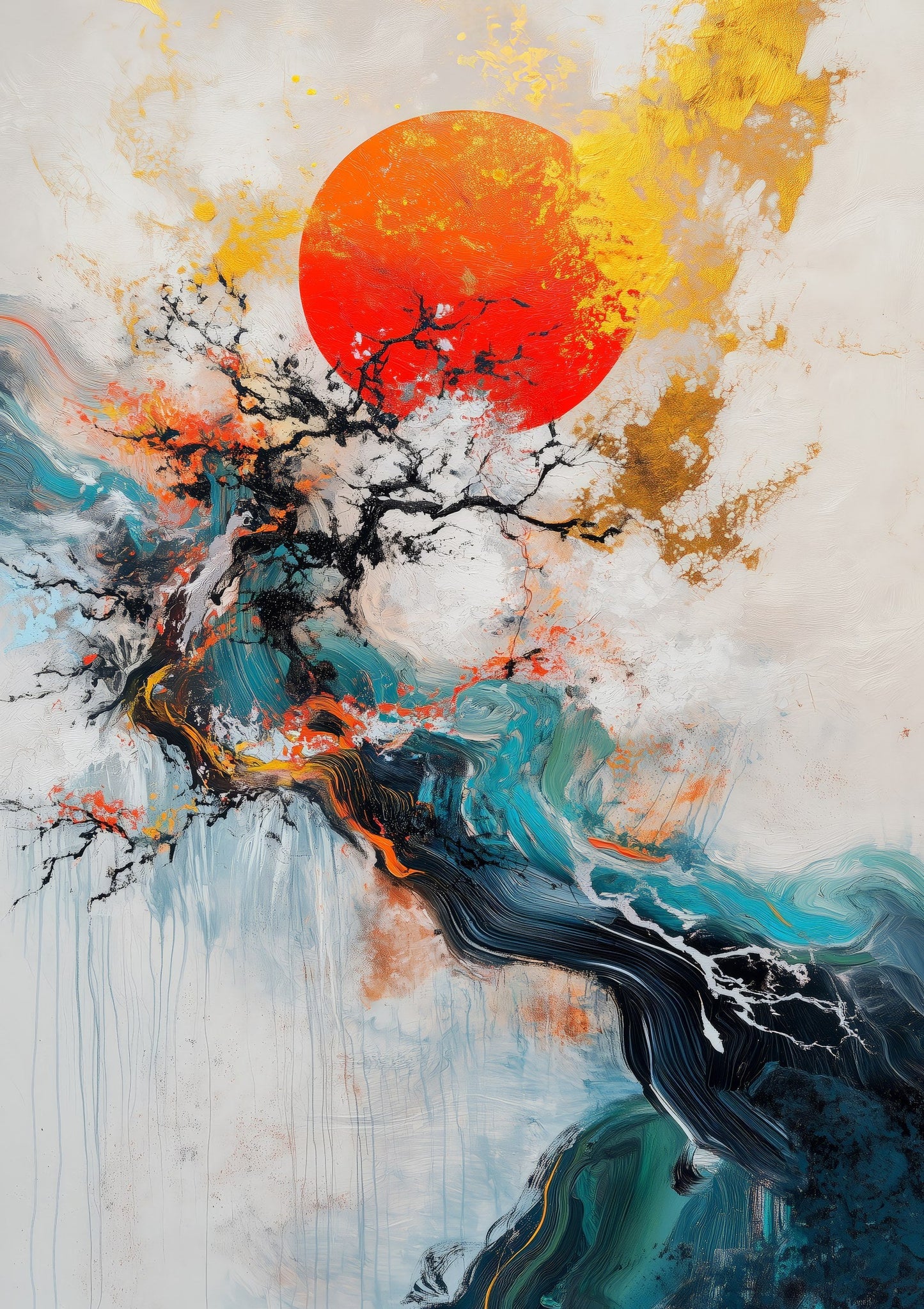 Blossom and Red Sun Print, Abstract Wall Art