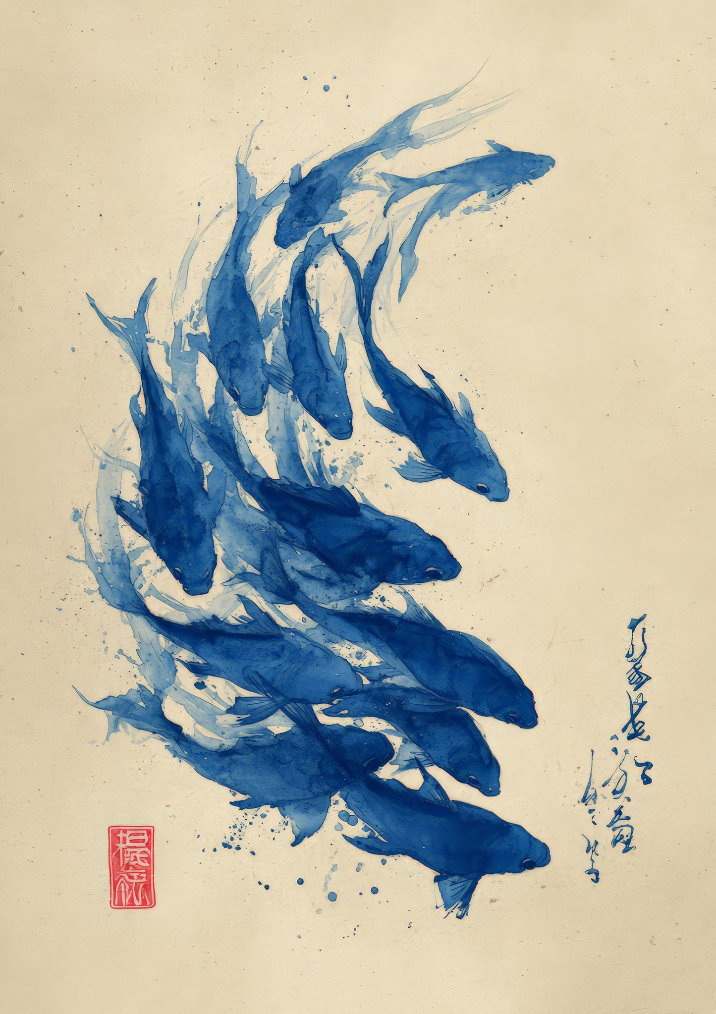 Blue Fish Print, Japanese Ink Wall Art
