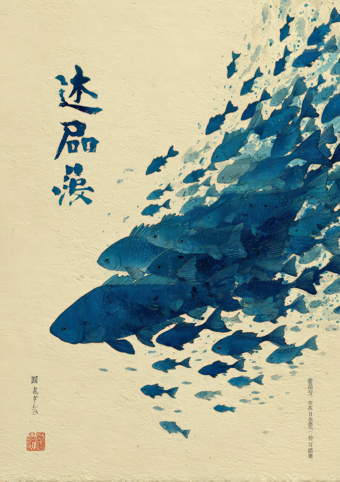 Blue Fish Print, Japanese Abstract Wall Art