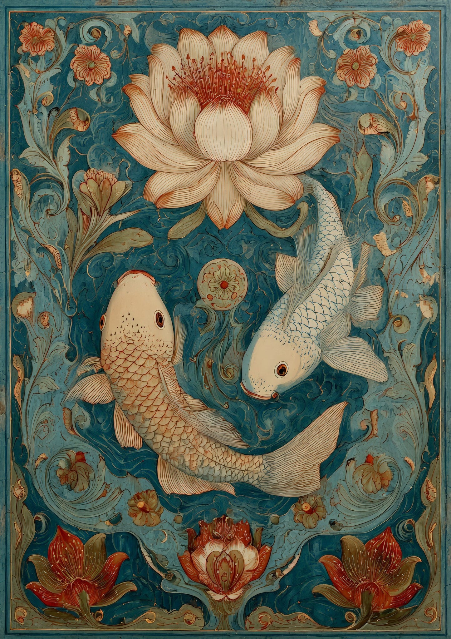 Fish and Lotus Print, Indo-Persian Wall Art