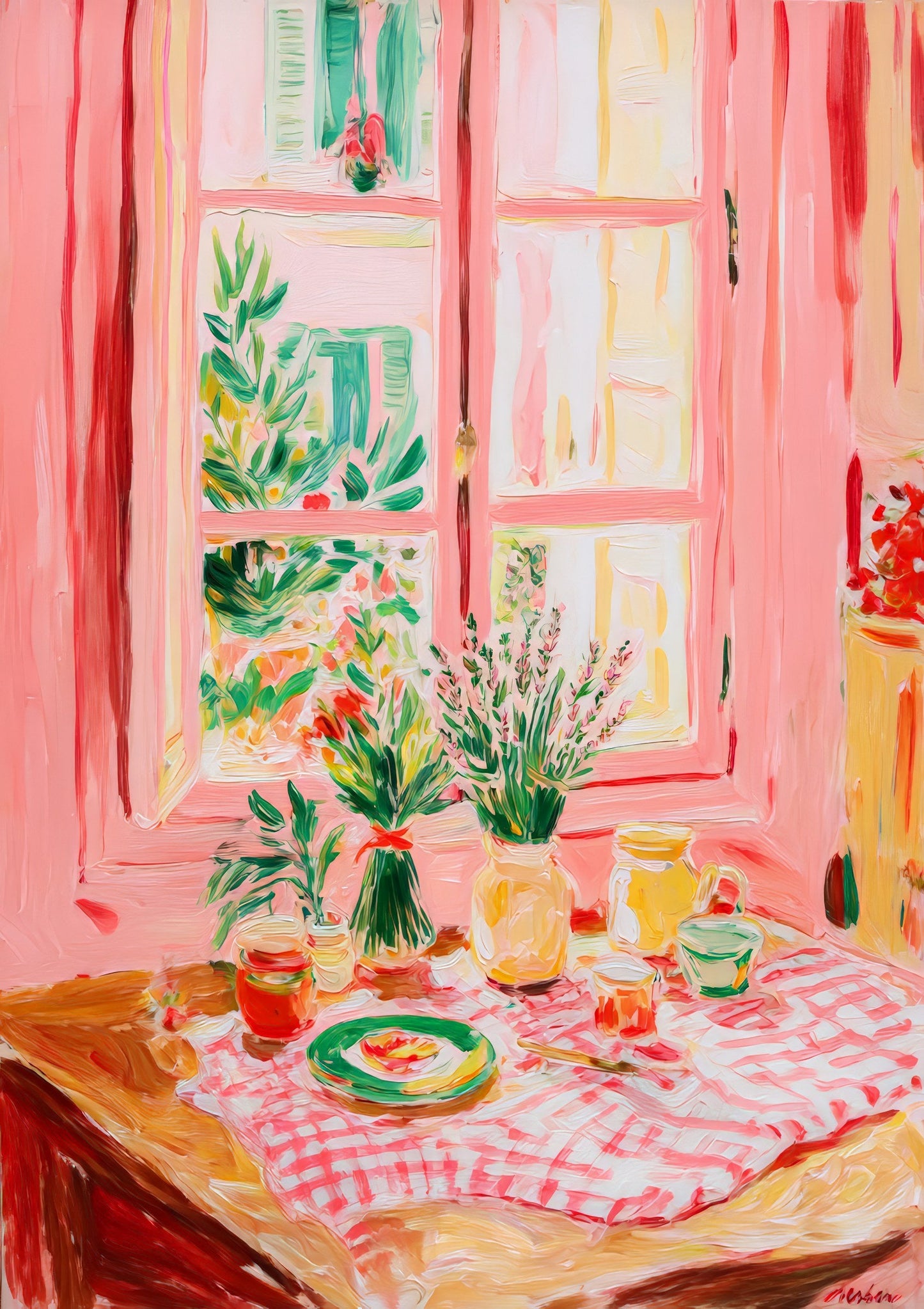 Pink Dining Room Print, Painterly Interior Wall Art