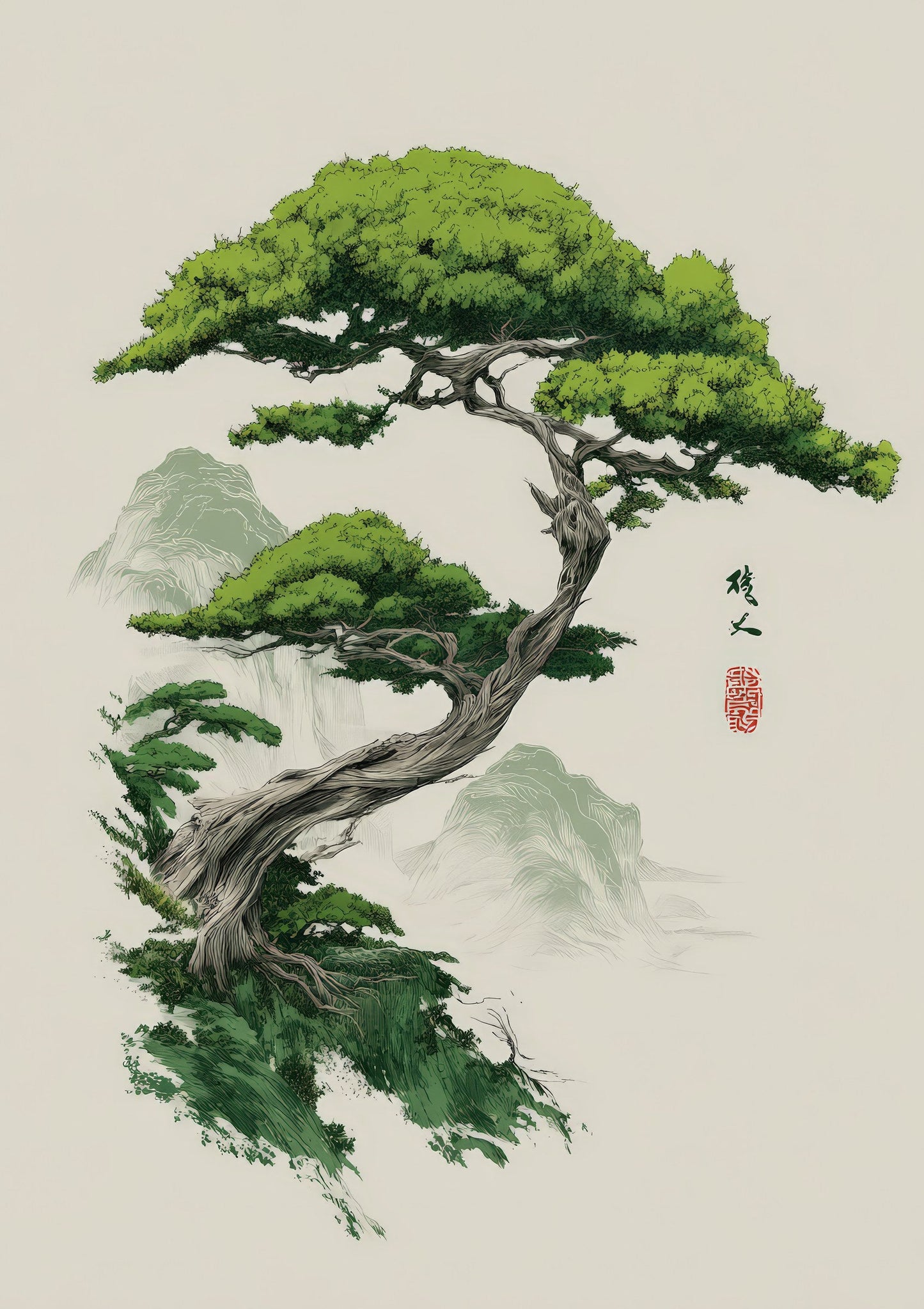 Bonsai Tree Print, Japanese Ink Wall Art
