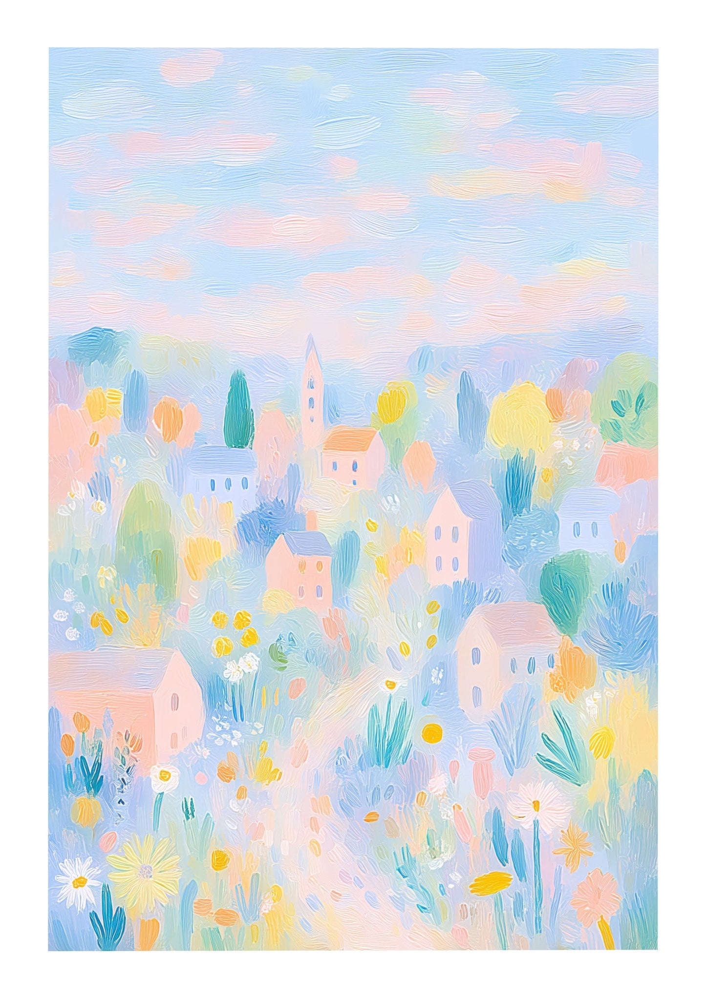 Pastel Village Print, Folk Landscape Wall Art