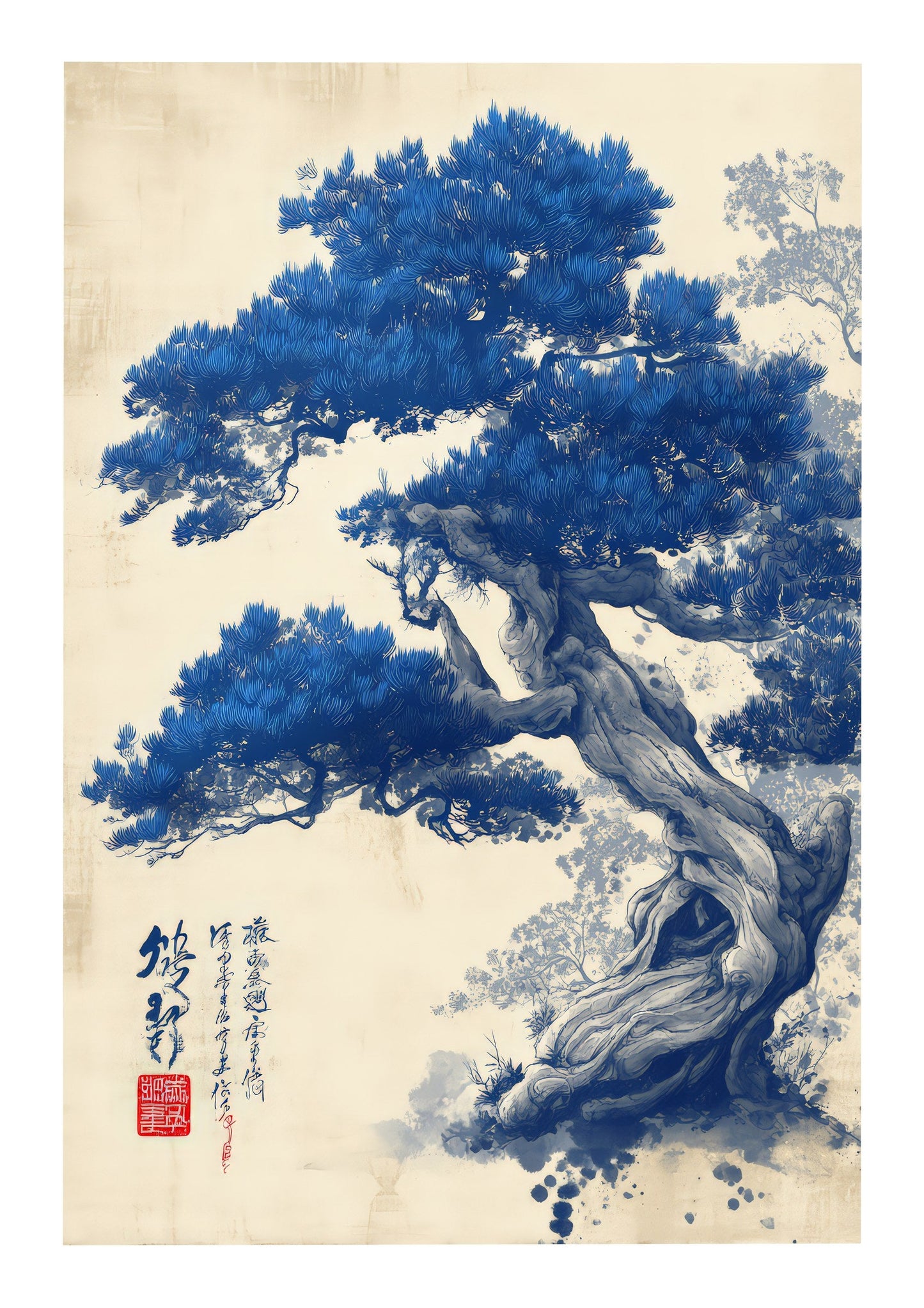 Blue Bonsai Print, Japanese Ink Wall Art