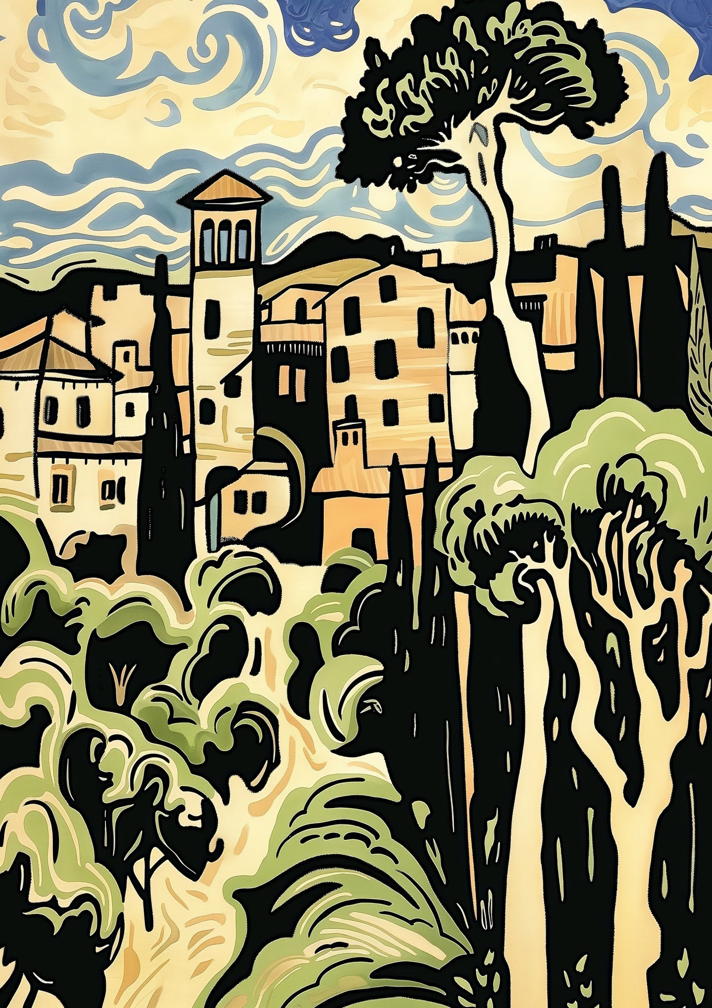 Tuscan Village Print, Folk Landscape Wall Art
