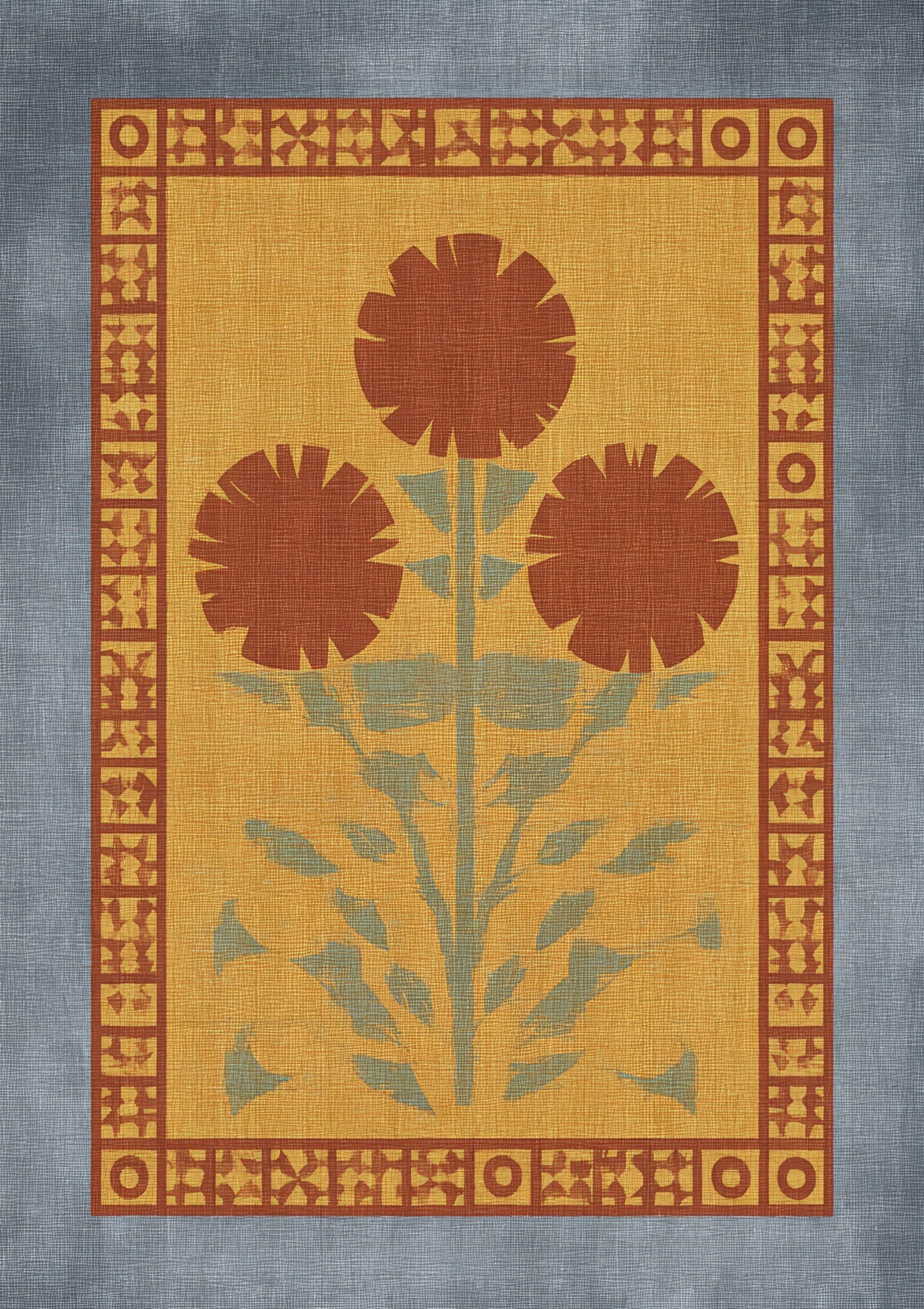 Folk Flowers Print, Blue and Gold Wall Art