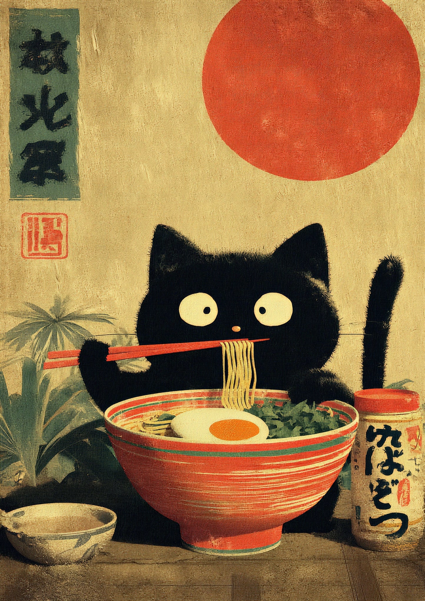 Cat and Ramen Print, Japanese Kitchen Wall Art