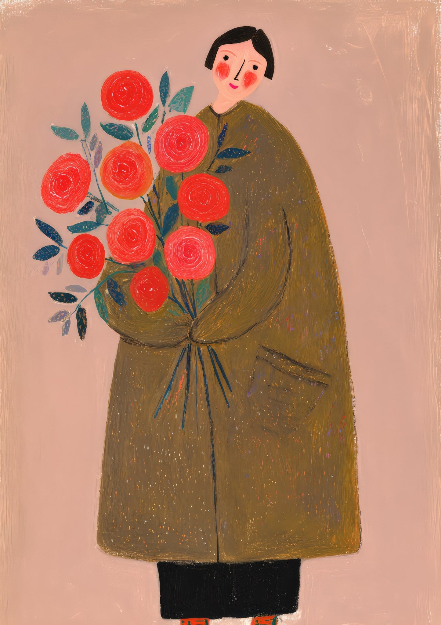 Roses in a Green Coat Print, Folk Figurative Wall Art