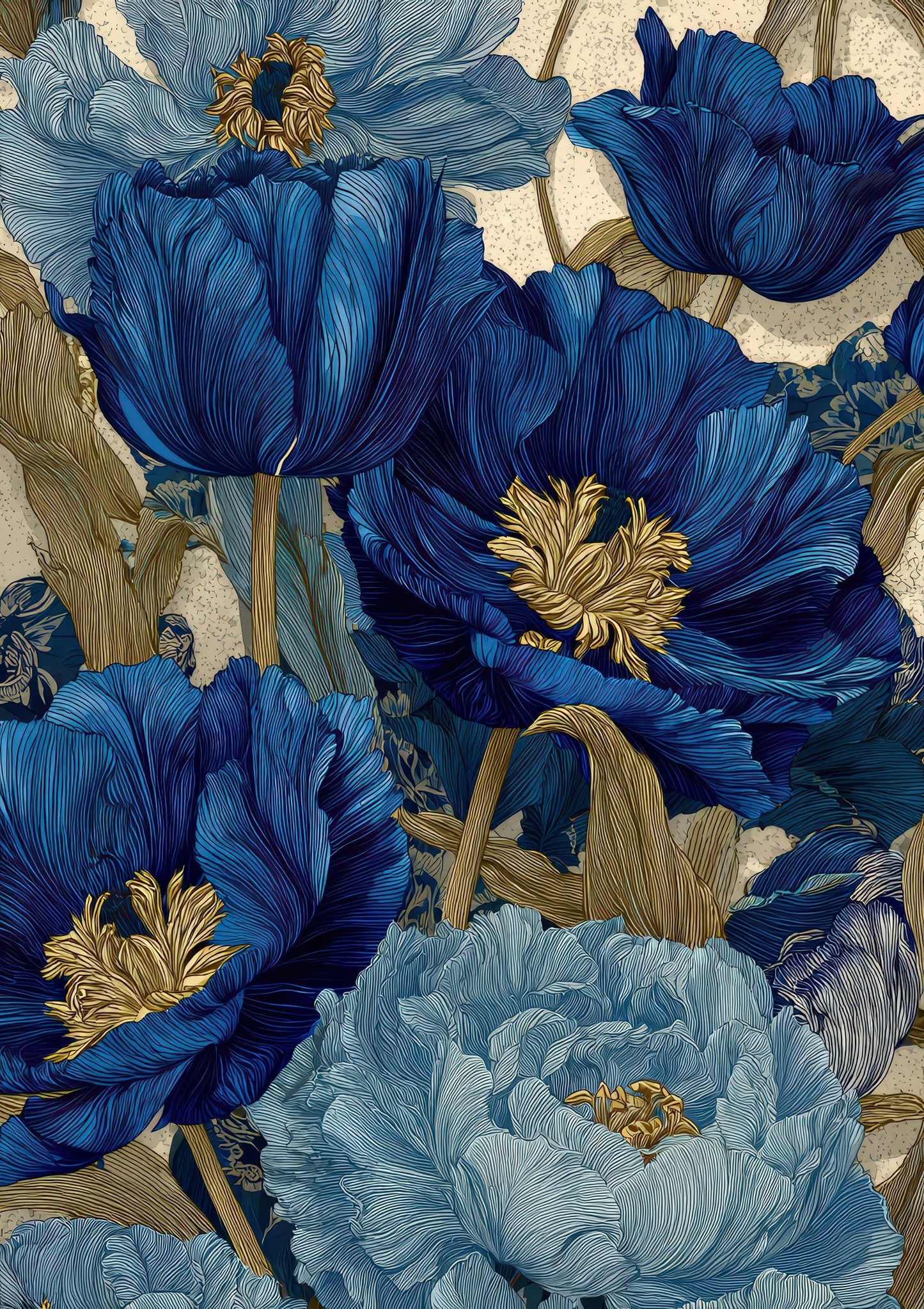 Blue Poppies Print, Vintage Botanical Wall Art
