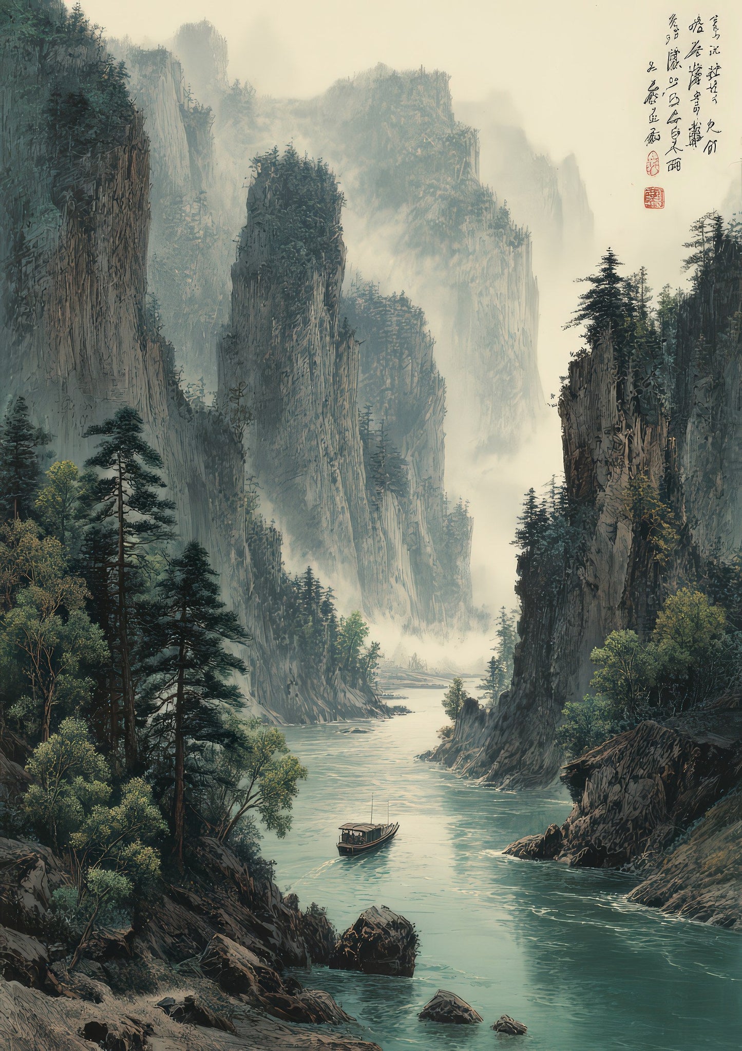 Mountain River Print, Japanese Landscape Wall Art