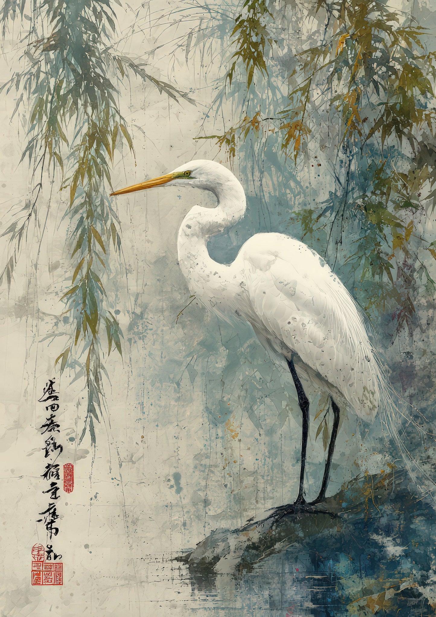 Egret and Willow Print, Japanese Bird Wall Art