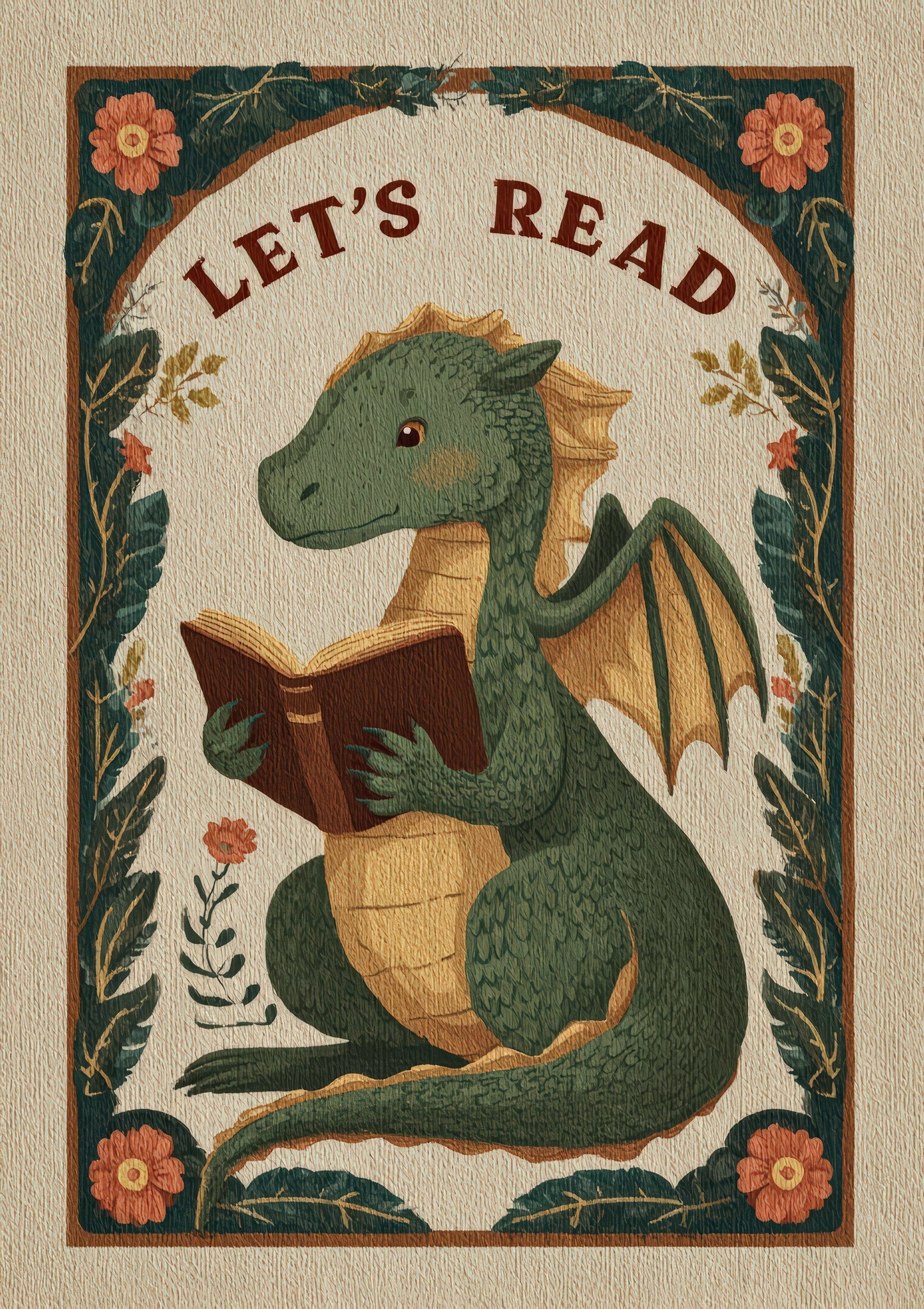 Lets Read Dragon Print, Kids Wall Art