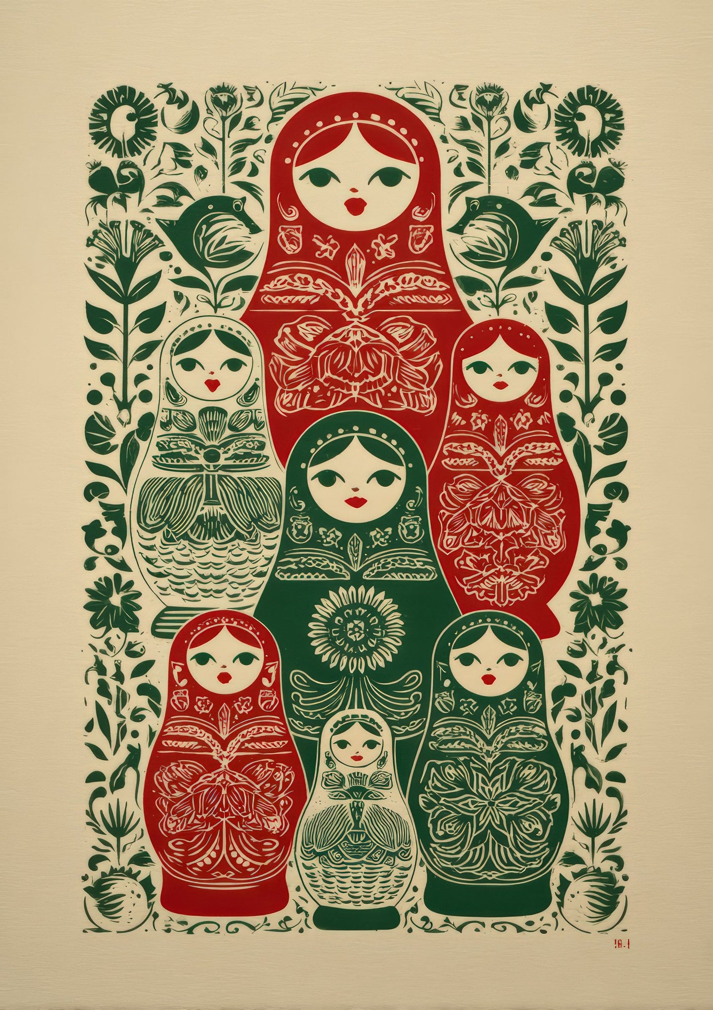 Russian Dolls Print, Green Folk Wall Art
