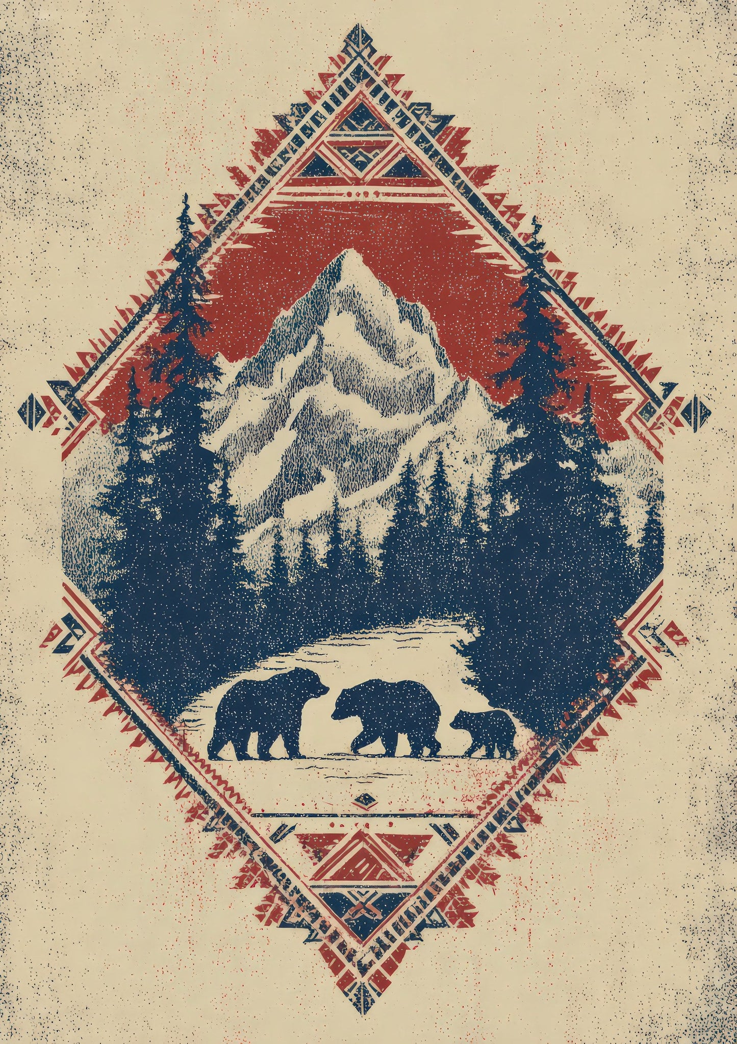 Mountain and Bears Print, Folk Wall Art