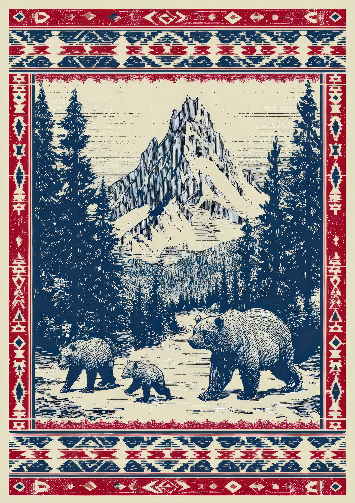 Mountain Bear Tapestry Print, Folk Wall Art
