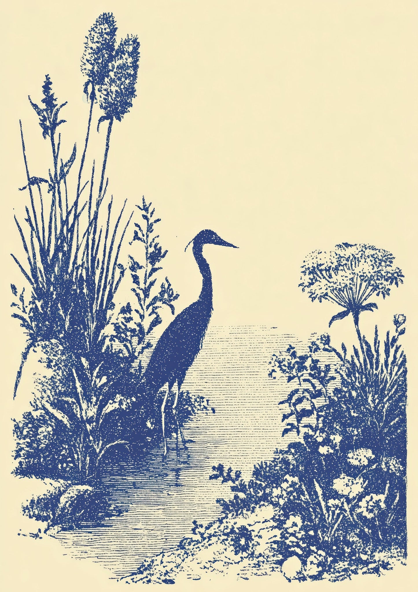 Heron Print, Blue Vintage Botanical Wall Art