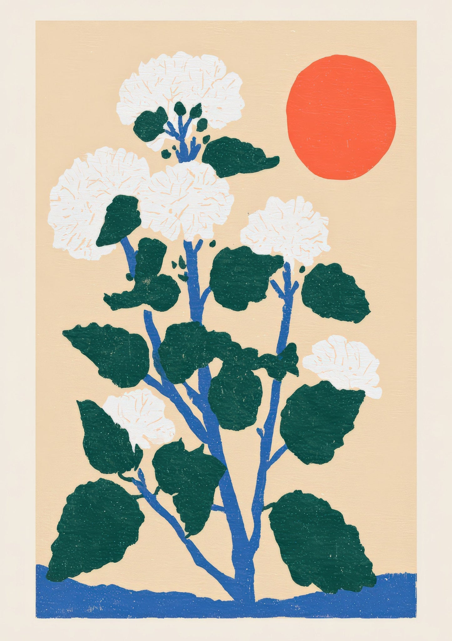 White Flowers and Sun Print, Folk Botanical Wall Art