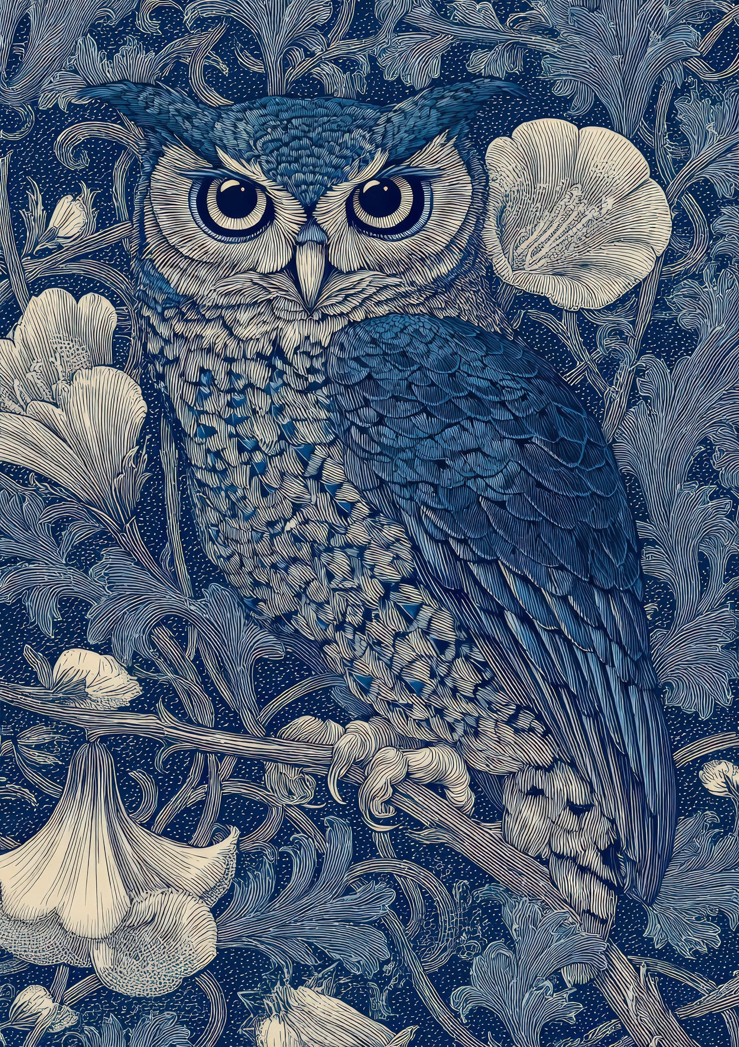 Owl Print, Blue William Morris Style Wall Art