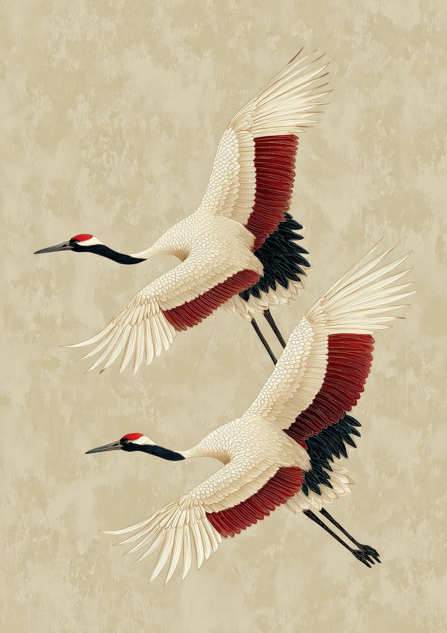 Cranes in Flight Print, Japanese Bird Wall Art