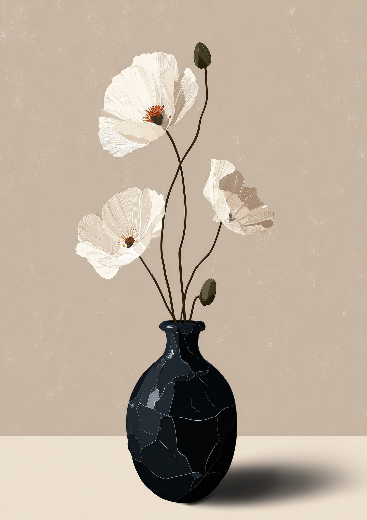 White Poppies Print, Minimalist Botanical Wall Art