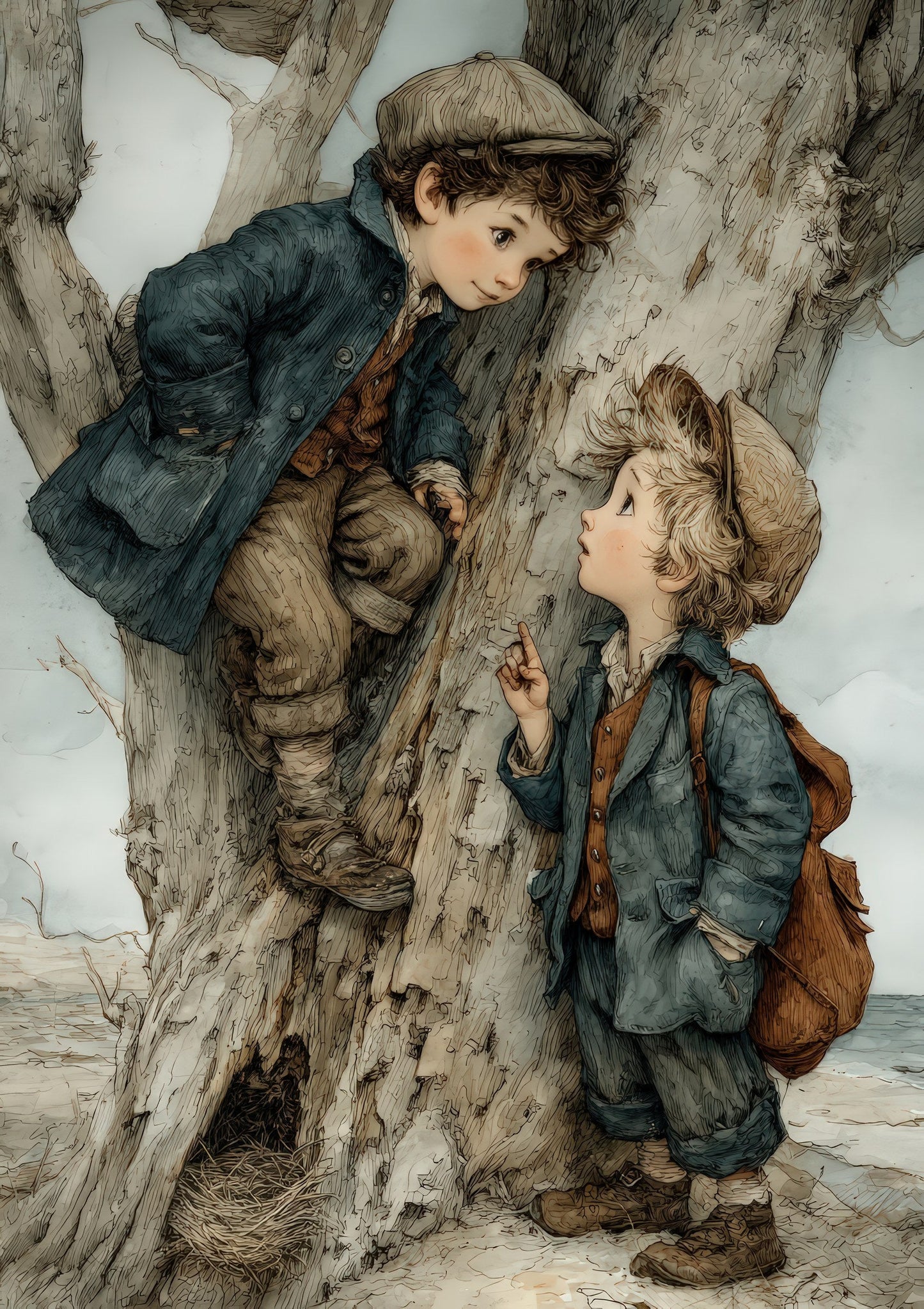 Children in a Tree Print, Vintage Storybook Wall Art