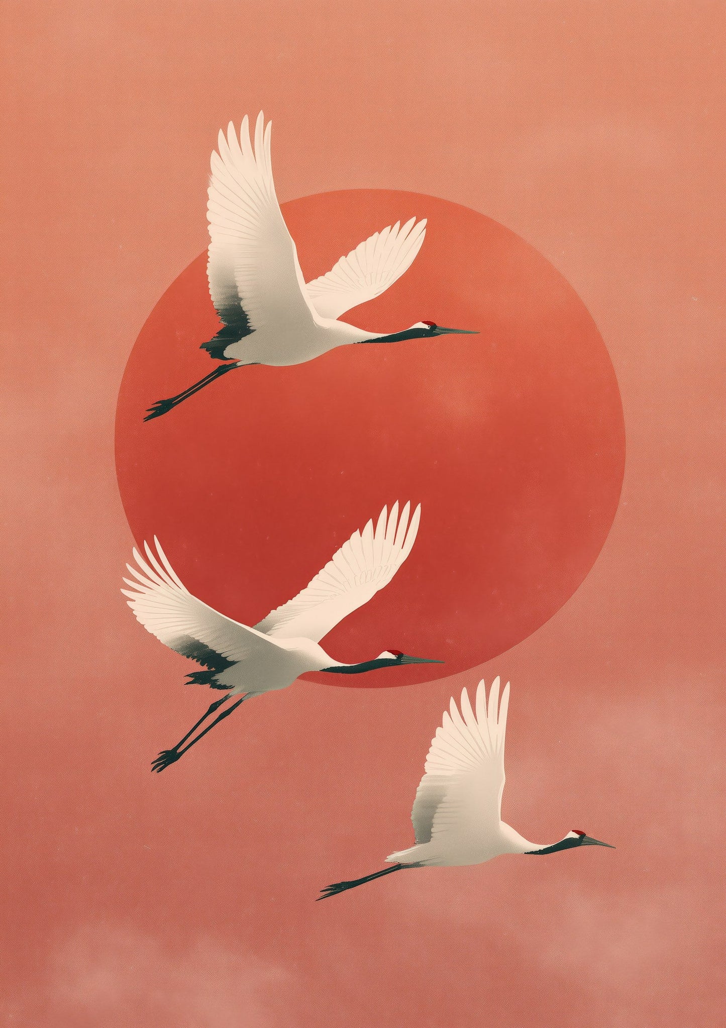 Cranes and Sun Print, Minimalist Japanese Wall Art