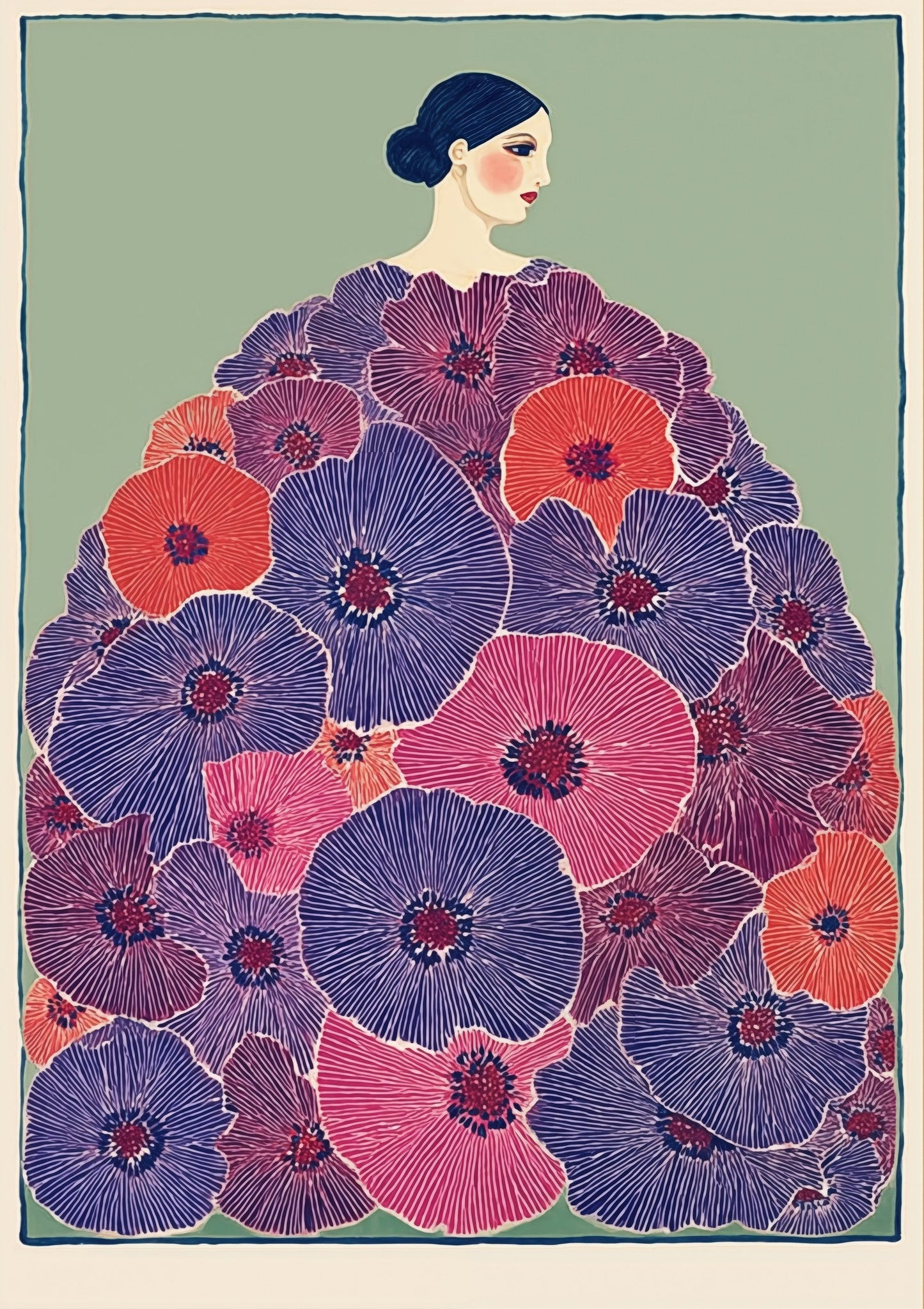 Woman in a Floral Coat Print, Folk Figurative Wall Art
