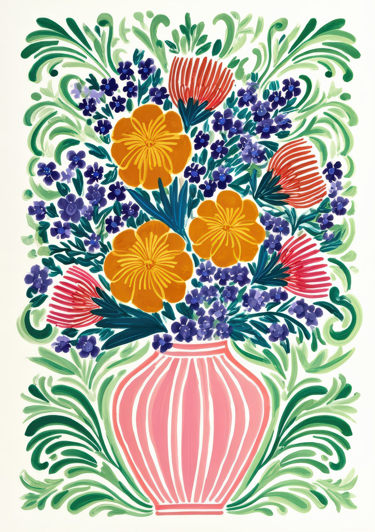 Floral Bouquet Print, Folk Vase Wall Art