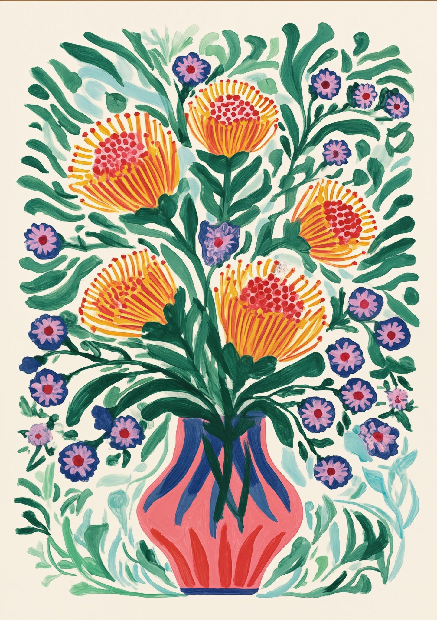 Floral Vase Print, Folk Bouquet Wall Art