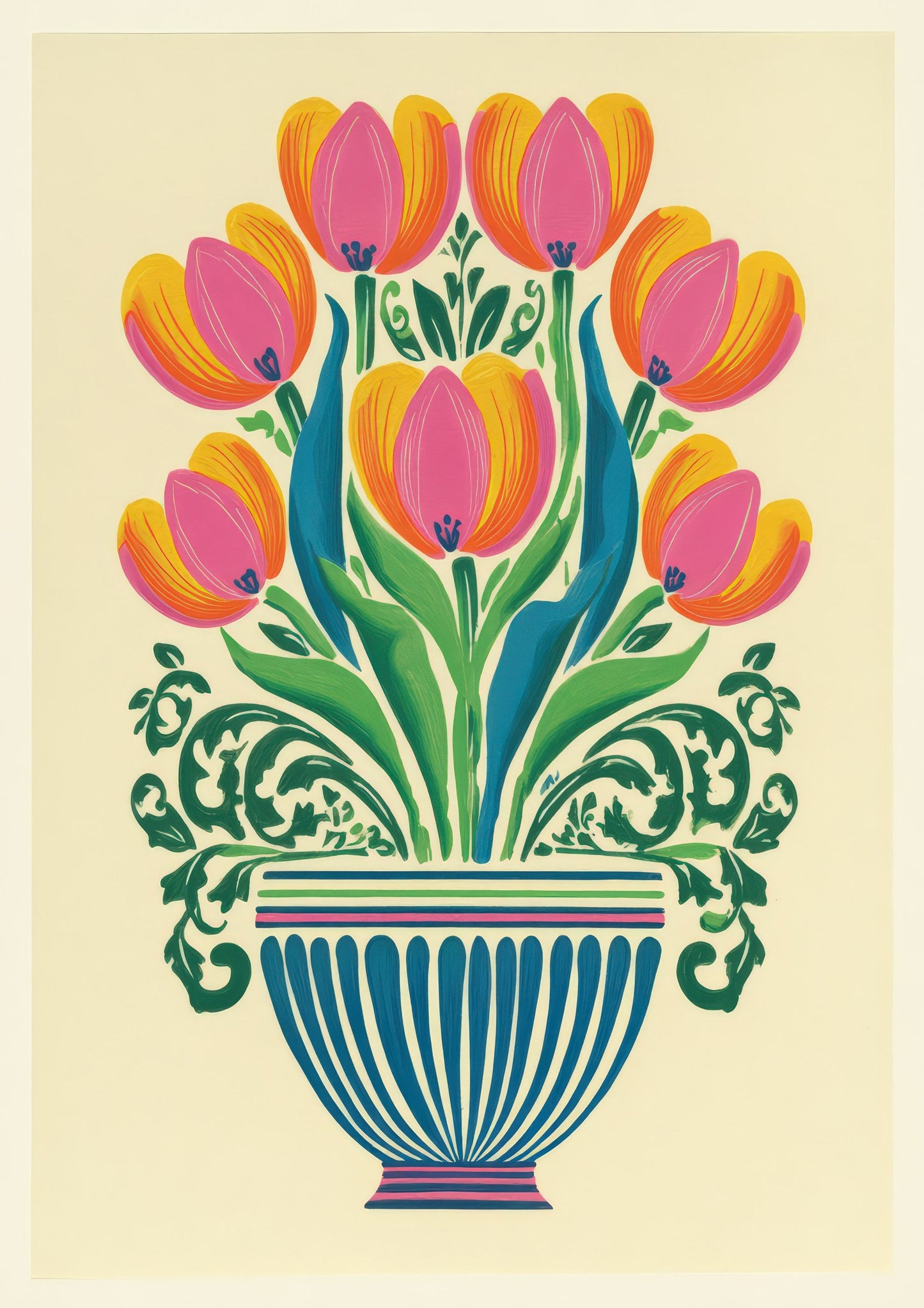Tulips in a Vase Print, Folk Floral Wall Art