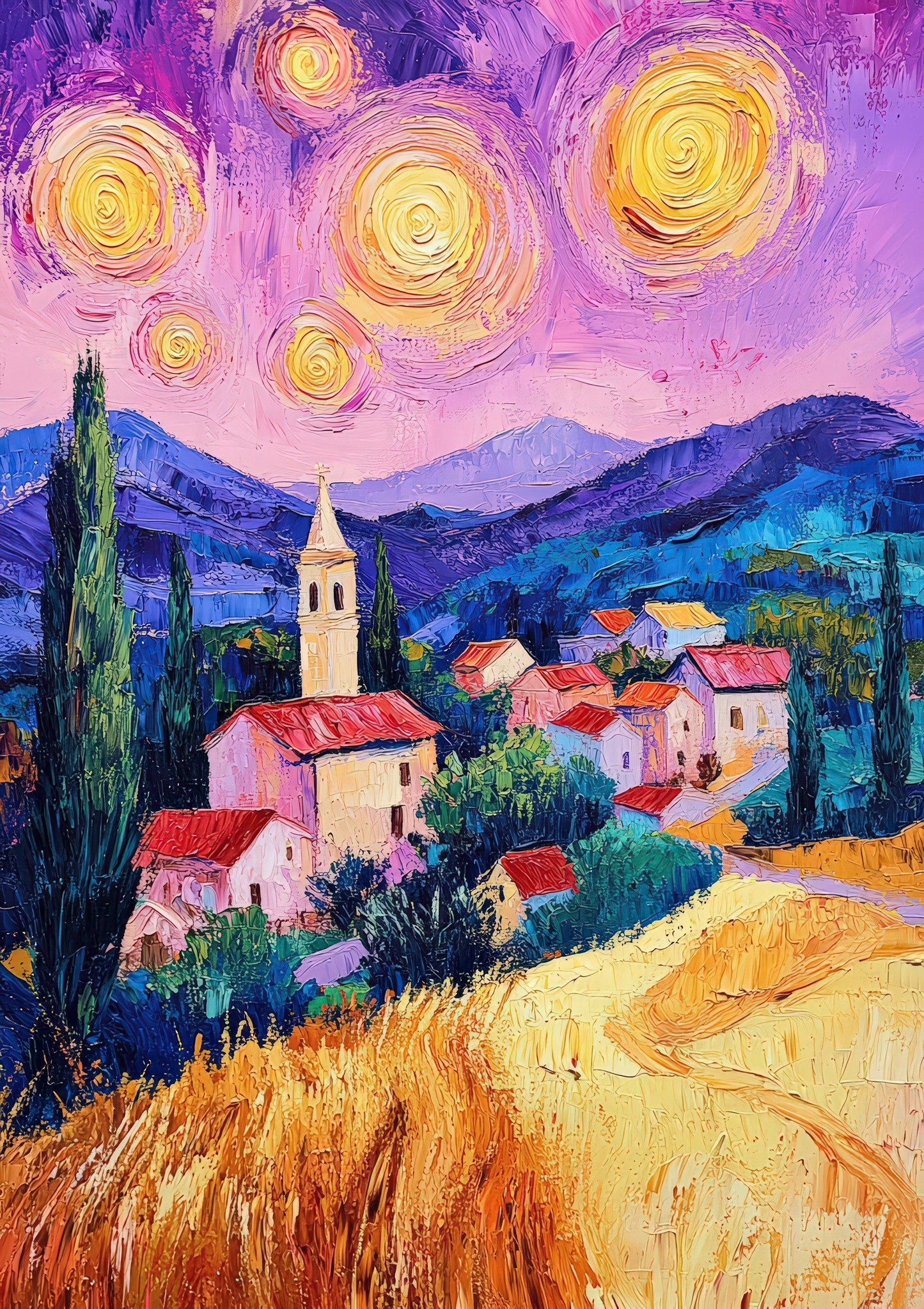 Hillside Village Print, Colourful Landscape Wall Art