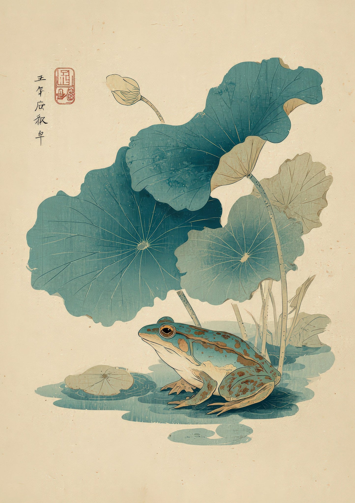 Frog and Lotus Print, Japanese Botanical Wall Art