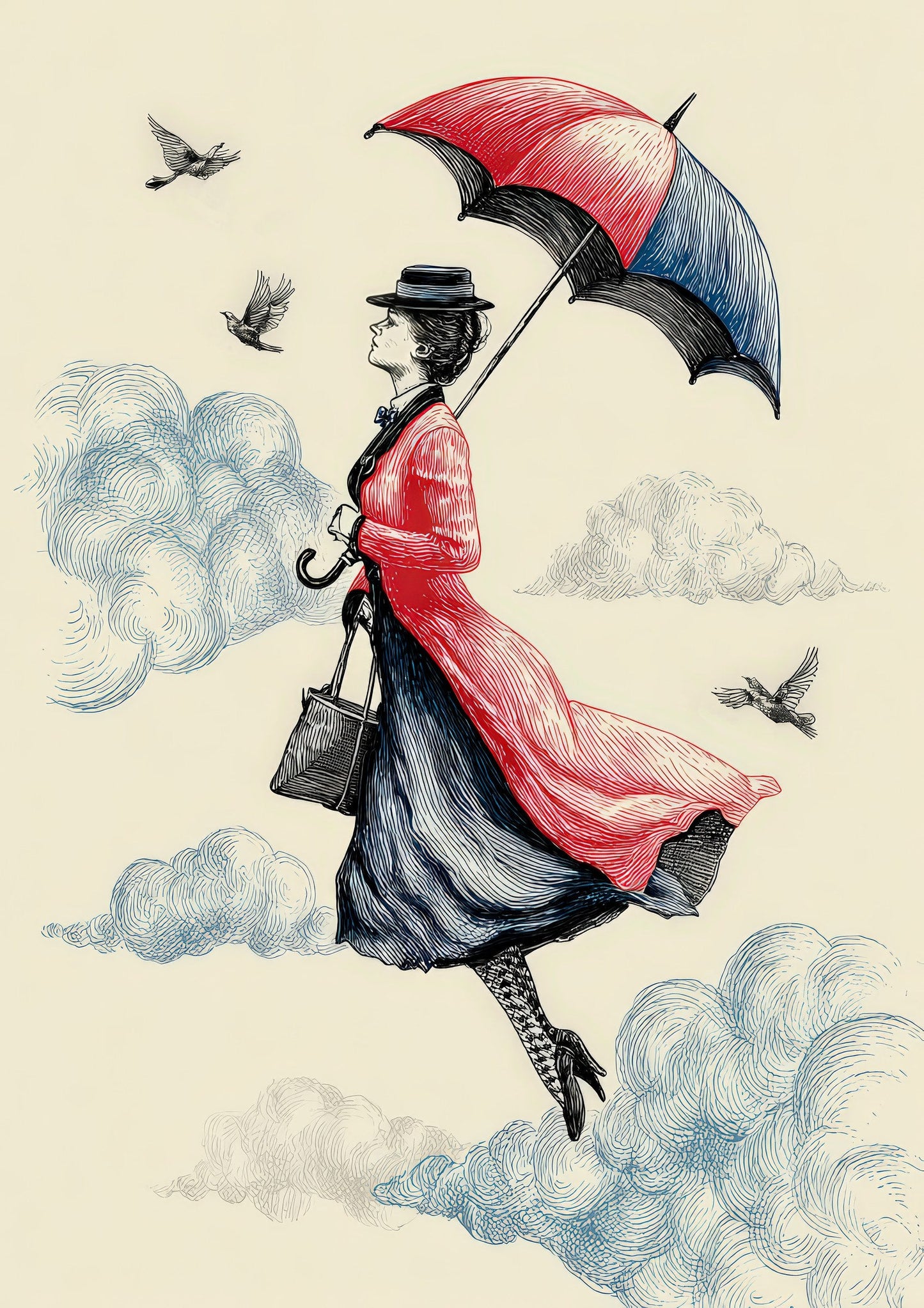 Flying Lady with Umbrella Print, Whimsical Vintage Wall Art