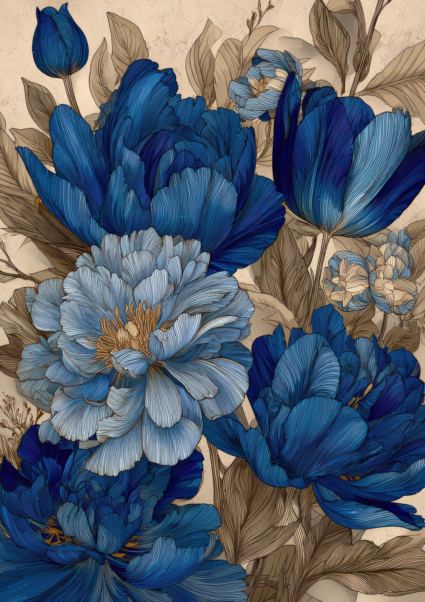 Blue Tulips Print, Vintage Botanical Wall Art