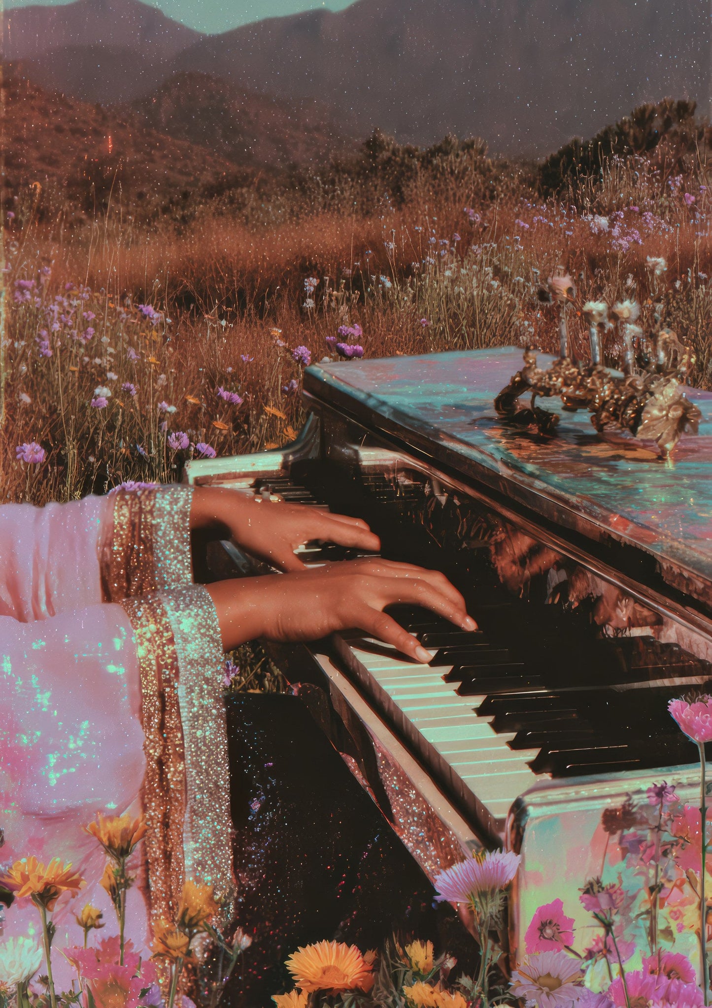 Piano in a Meadow Print, Surreal Music Wall Art