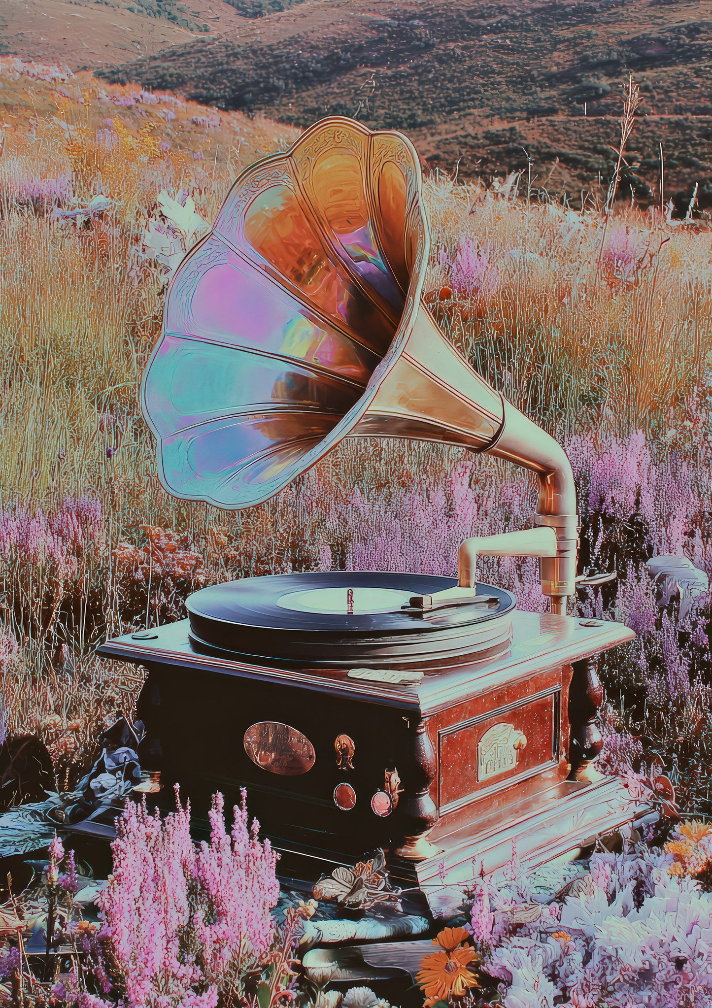 Gramophone in a Meadow Print, Surreal Wall Art