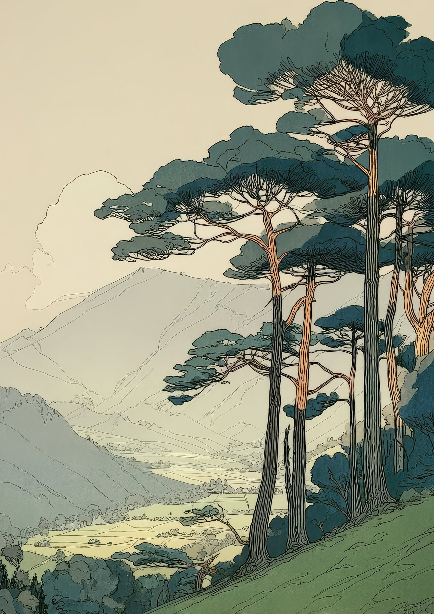 Pine and Mountains Print, Japandi Landscape Wall Art