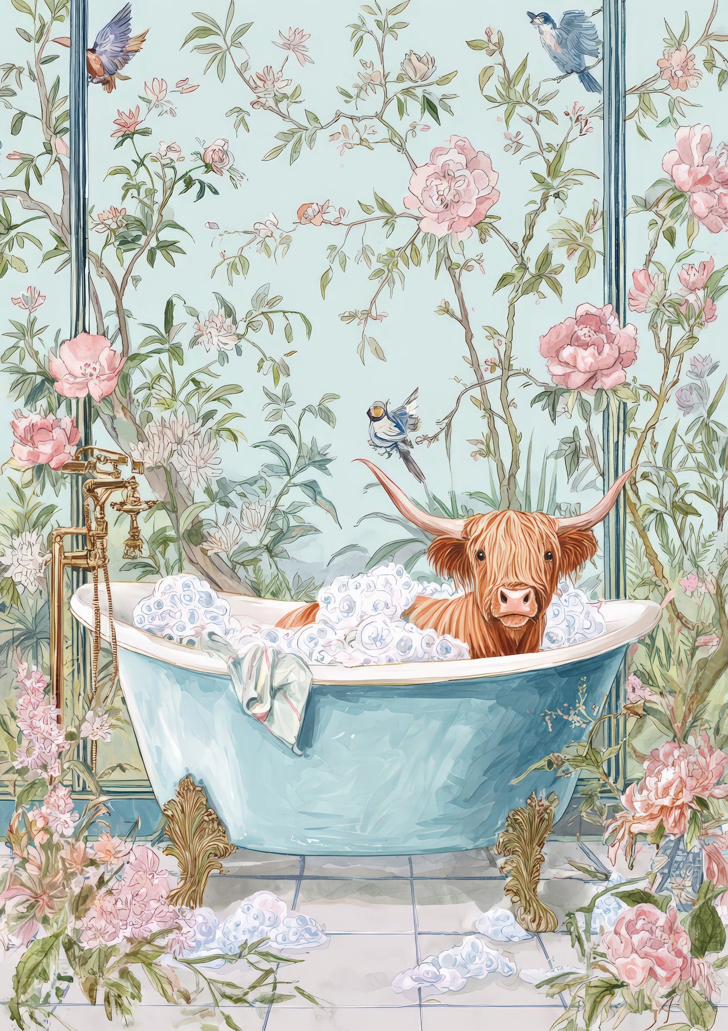 Highland Cow in the Bath Print, Chinoiserie Bathroom Wall Art