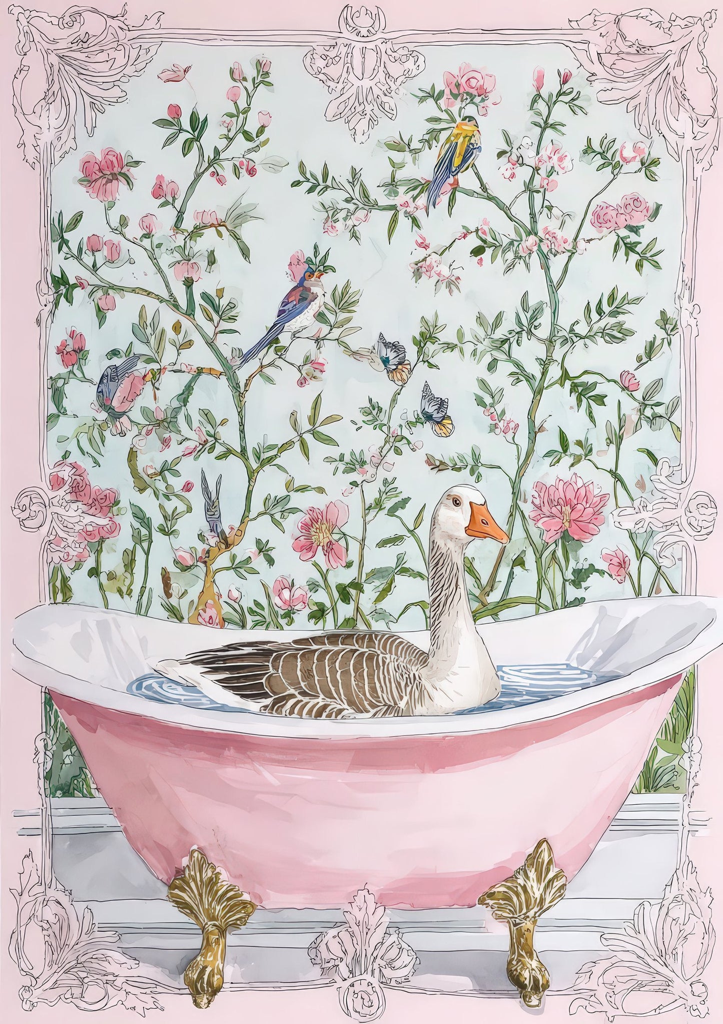 Hedgehog in the Bath Print, Chinoiserie Bathroom Wall Art