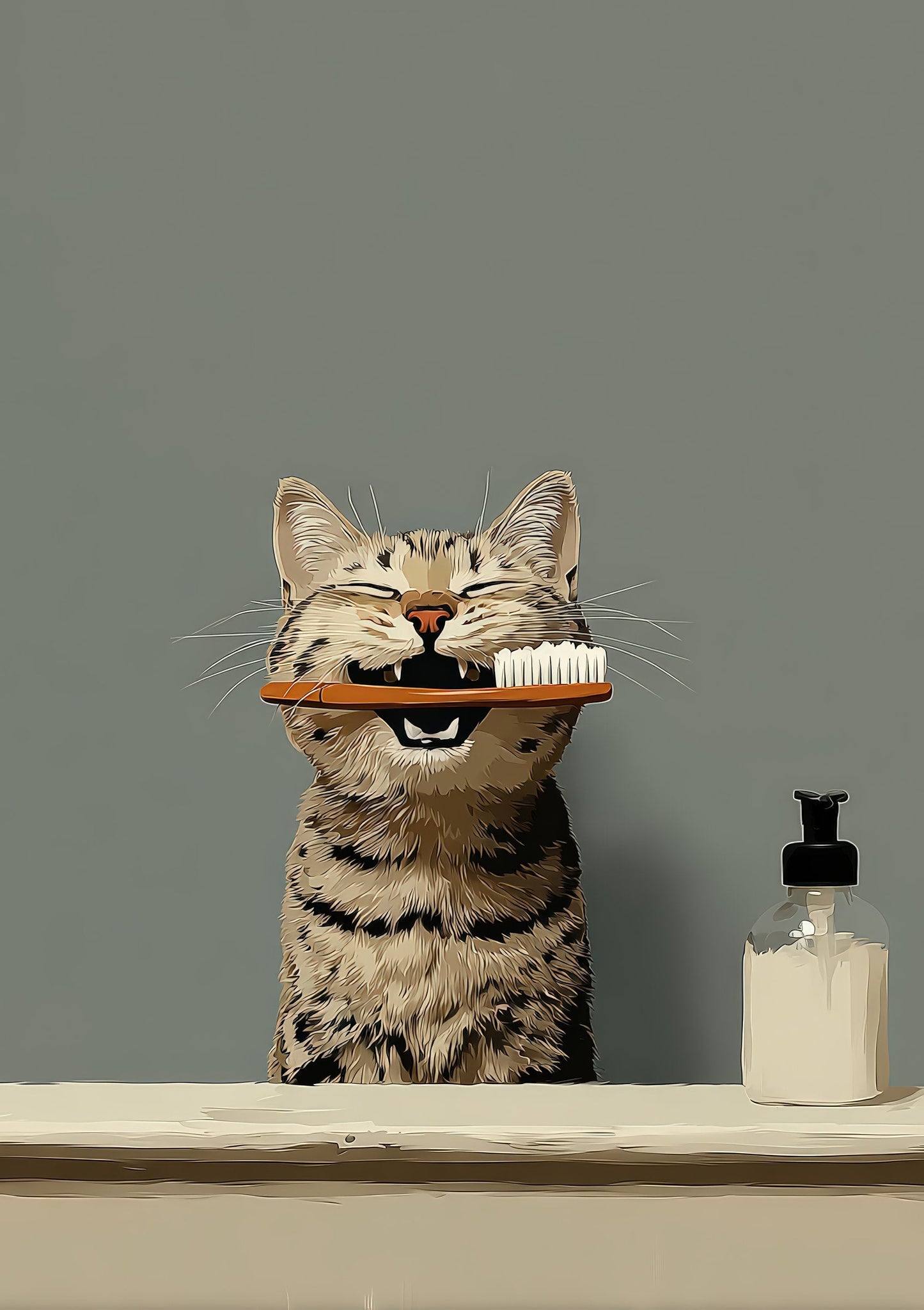 Cat Brushing Teeth Print, Funny Bathroom Wall Art