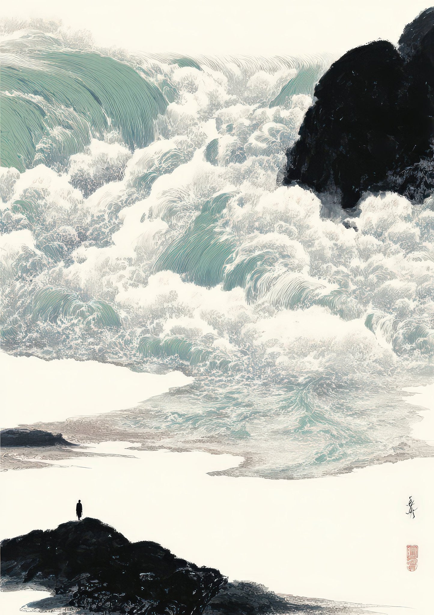 Crashing Waves Print, Japanese Coastal Wall Art
