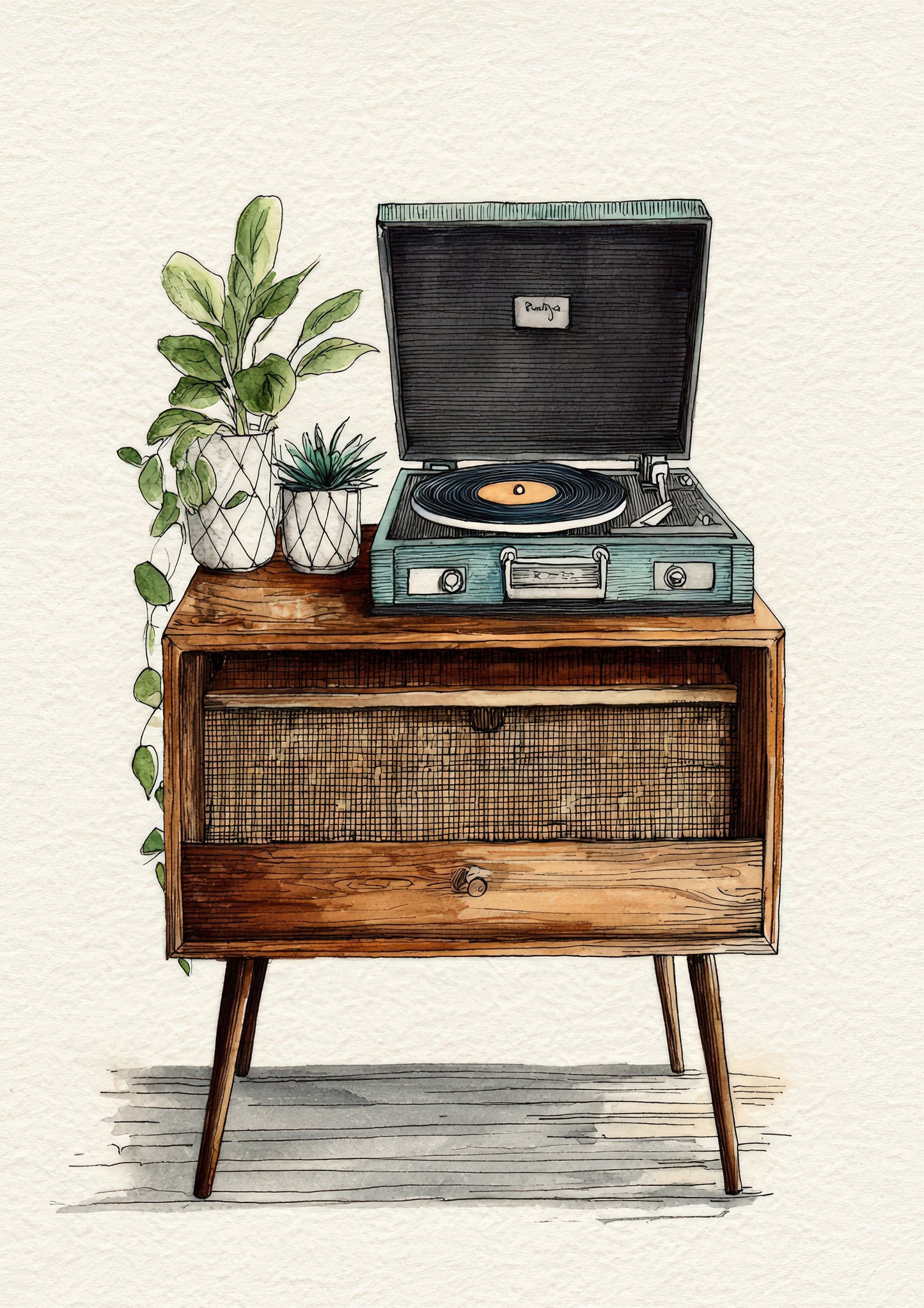 Record Player Print, Retro Music Wall Art