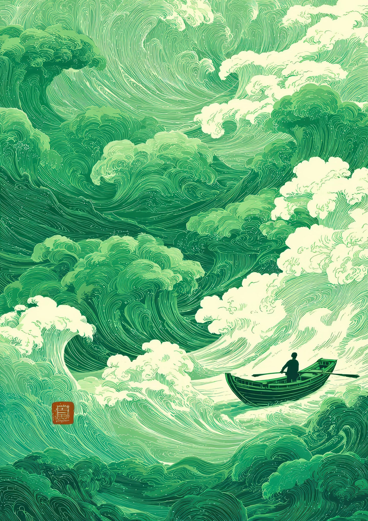Green Waves Print, Japandi Abstract Wall Art