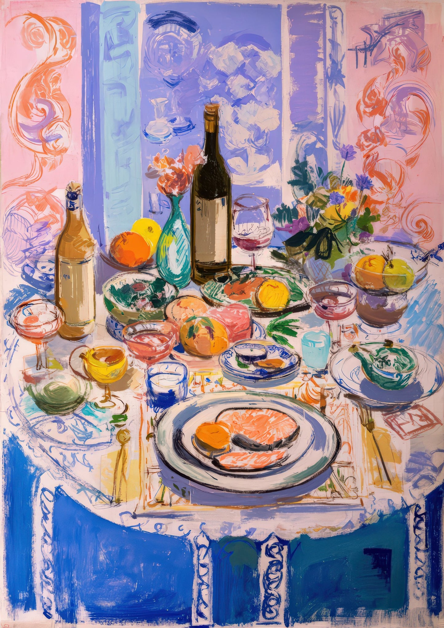 Dinner Table Still Life Print, Wine and Food Wall Art