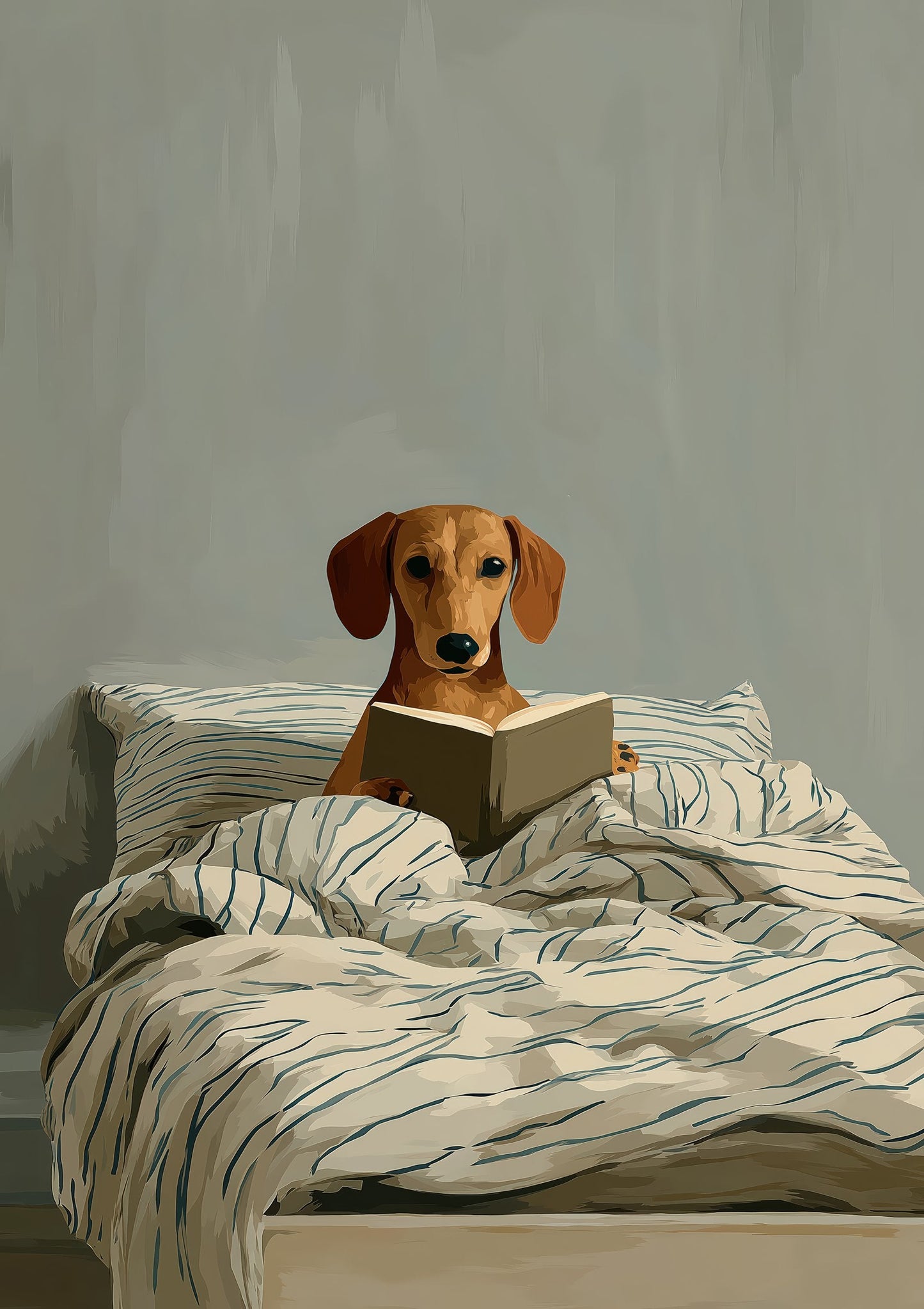 Dachshund Reading in Bed Print, Funny Dog Wall Art