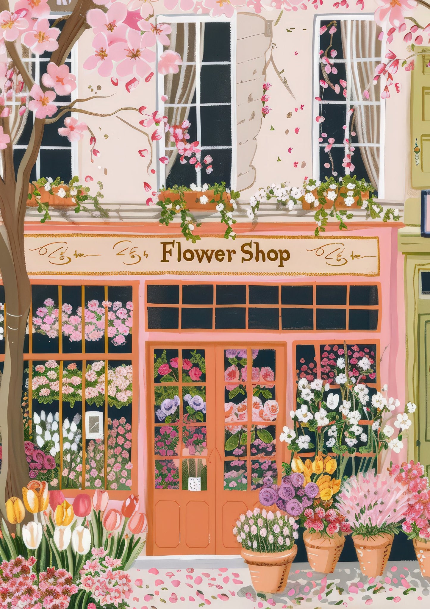Spring Flower Shop Print, Charming Street Wall Art